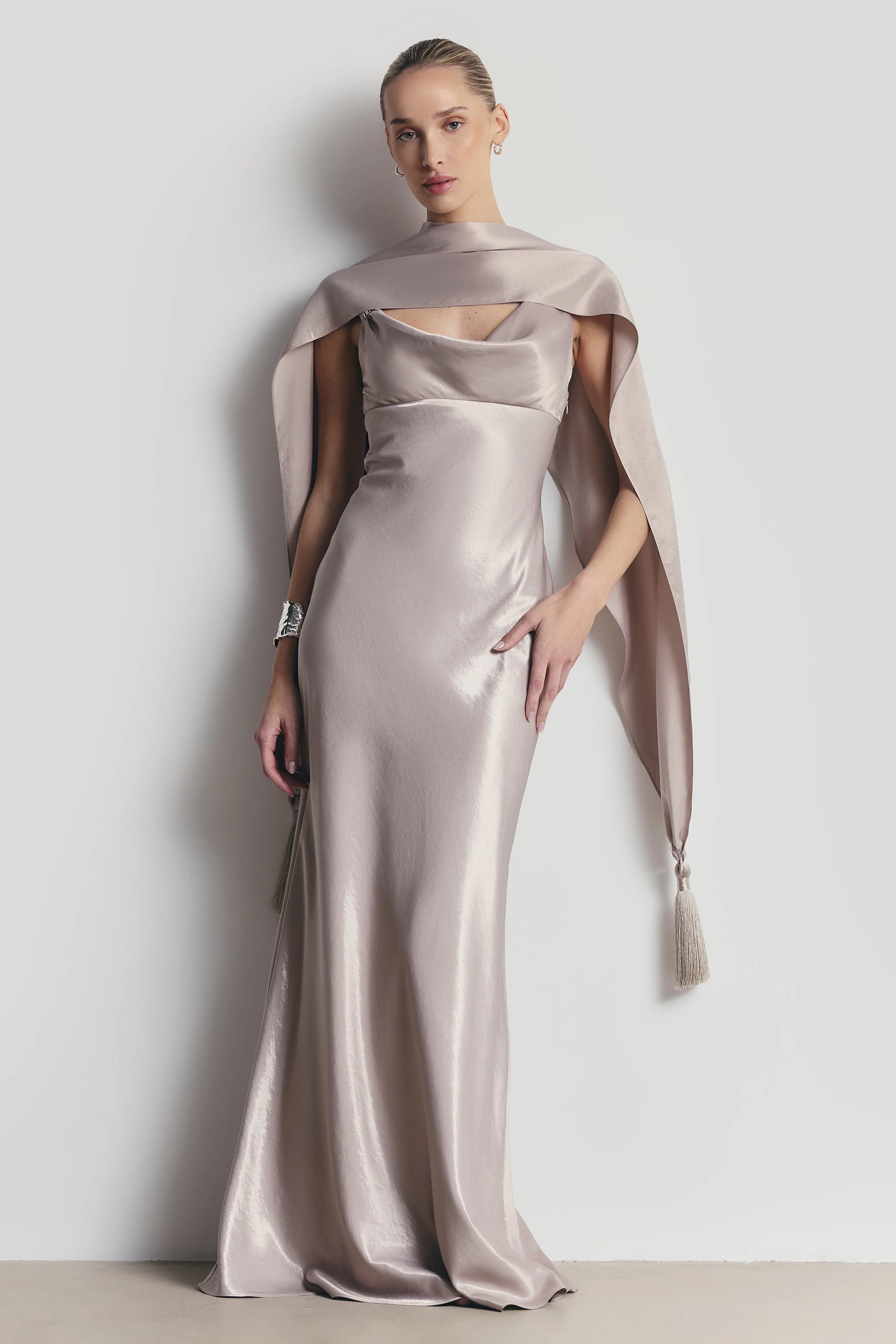 High Gloss Satin Cowl Neck Gown - Pebble - Image 8