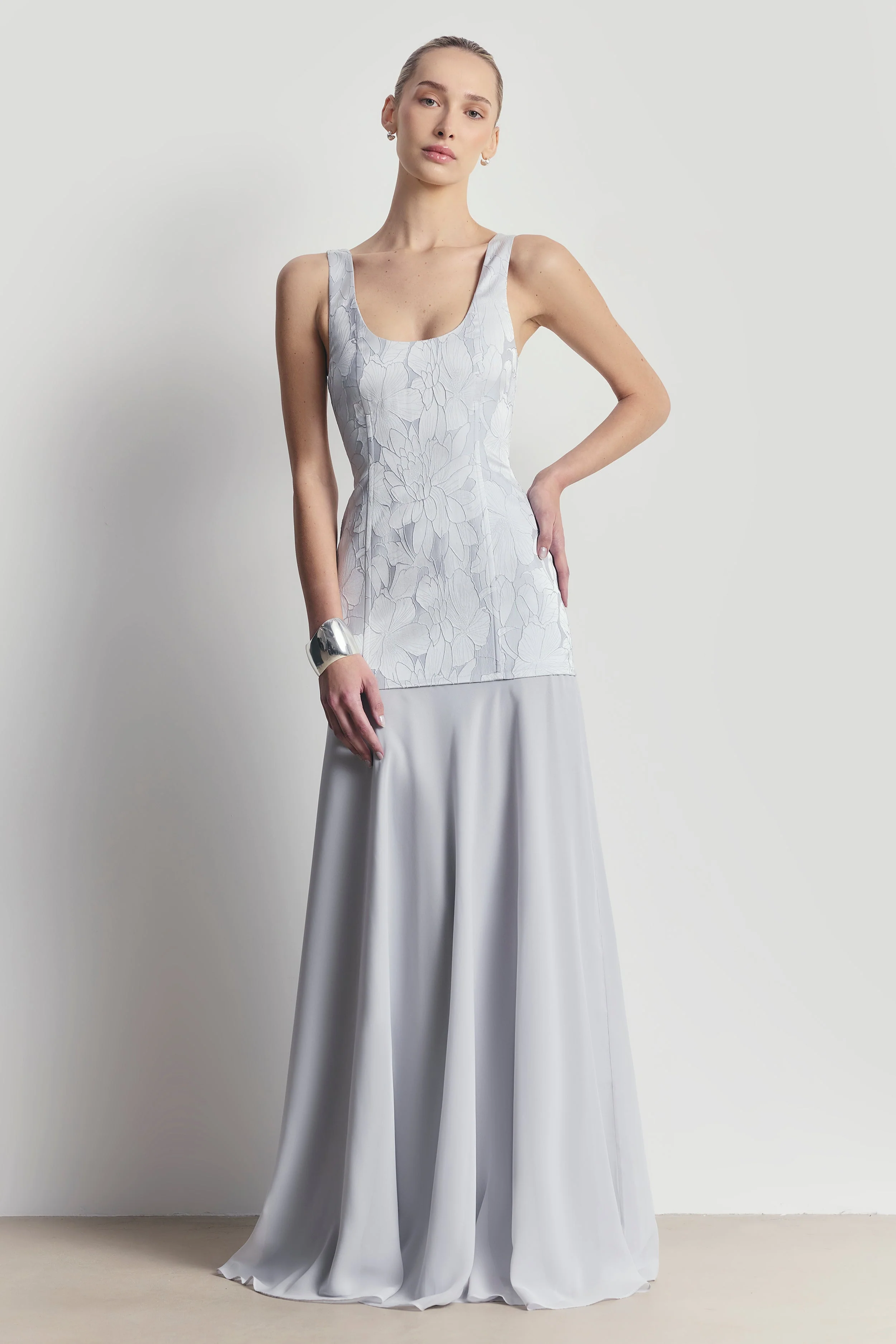 Jacquard Corset Gown with Chiffon Skirt - Frost - Image 6