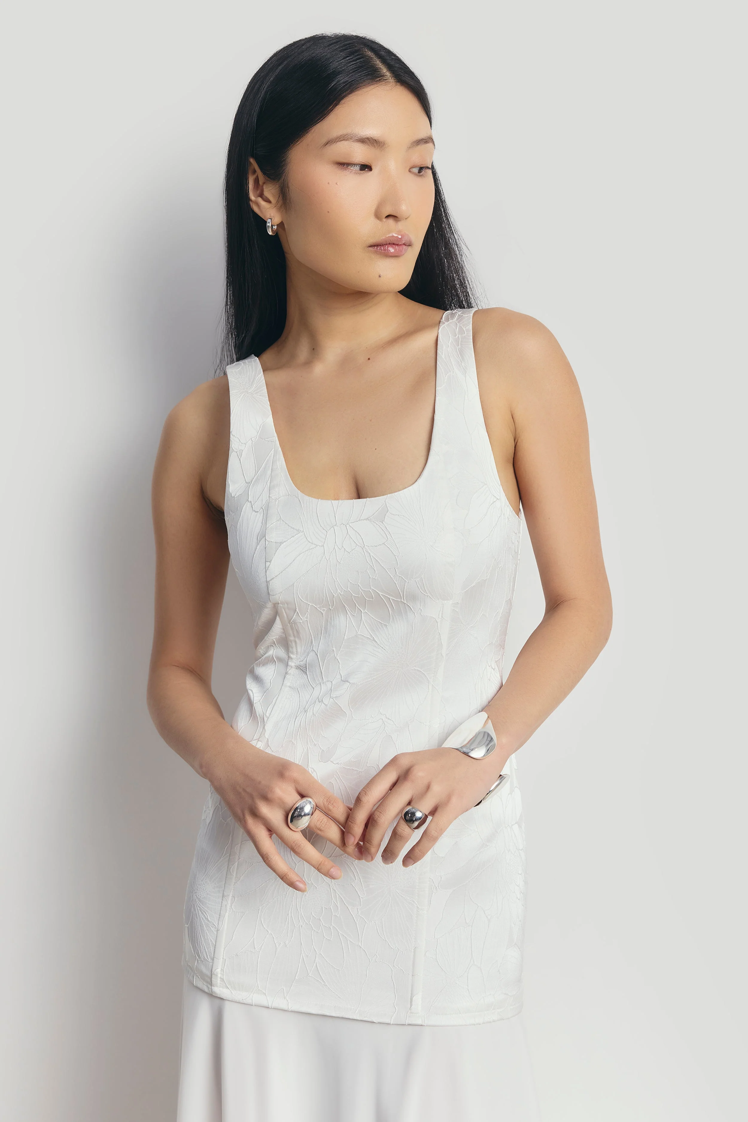 Jacquard Corset Gown with Chiffon Skirt - White - Image 3