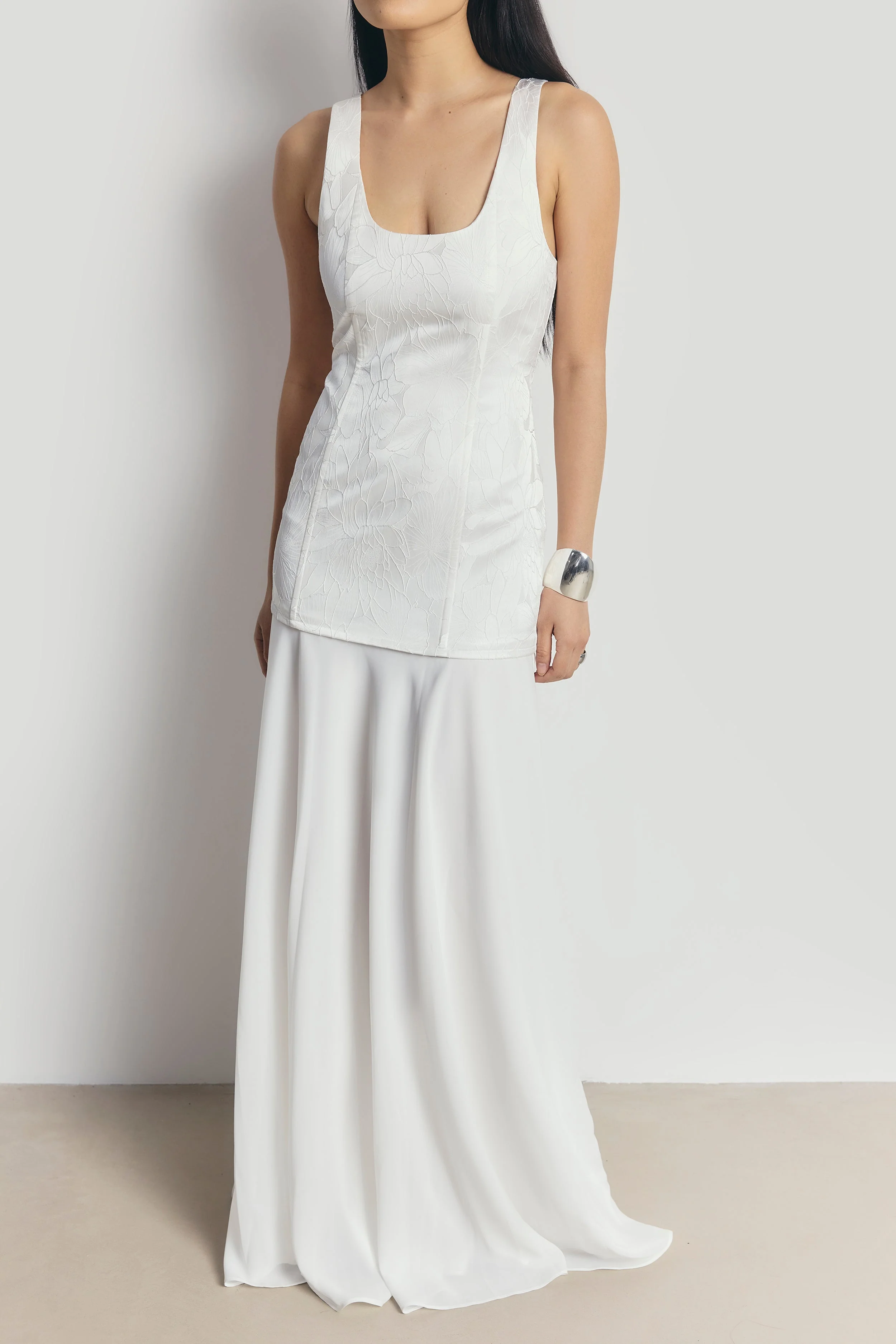 Jacquard Corset Gown with Chiffon Skirt - White - Image 4