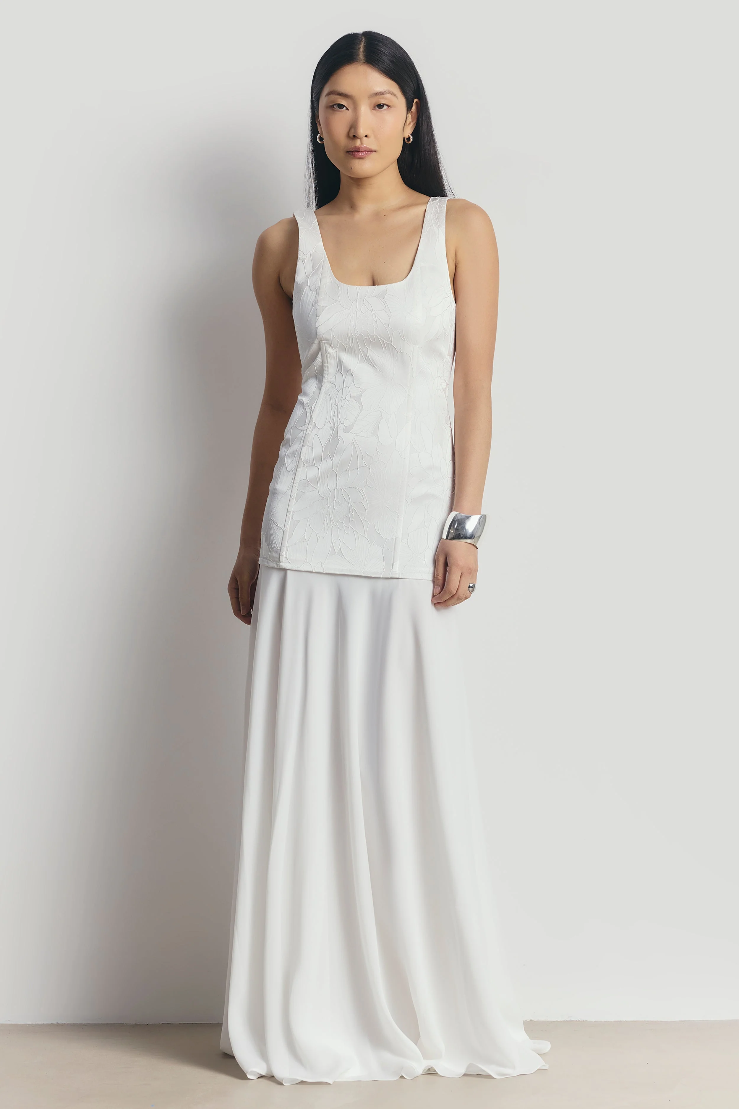 Jacquard Corset Gown with Chiffon Skirt - White - Image 5