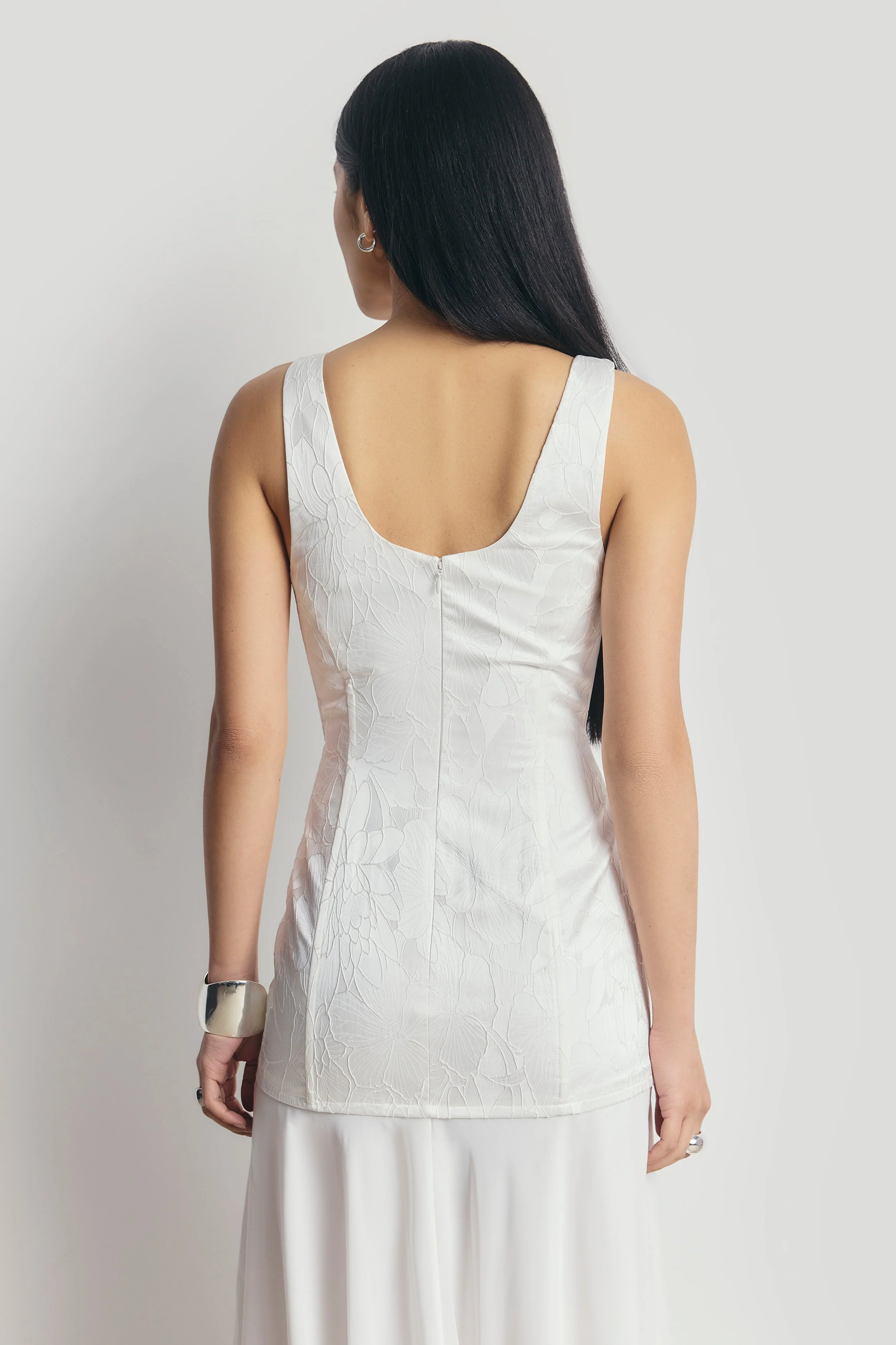 Jacquard Corset Gown with Chiffon Skirt - White - Image 6