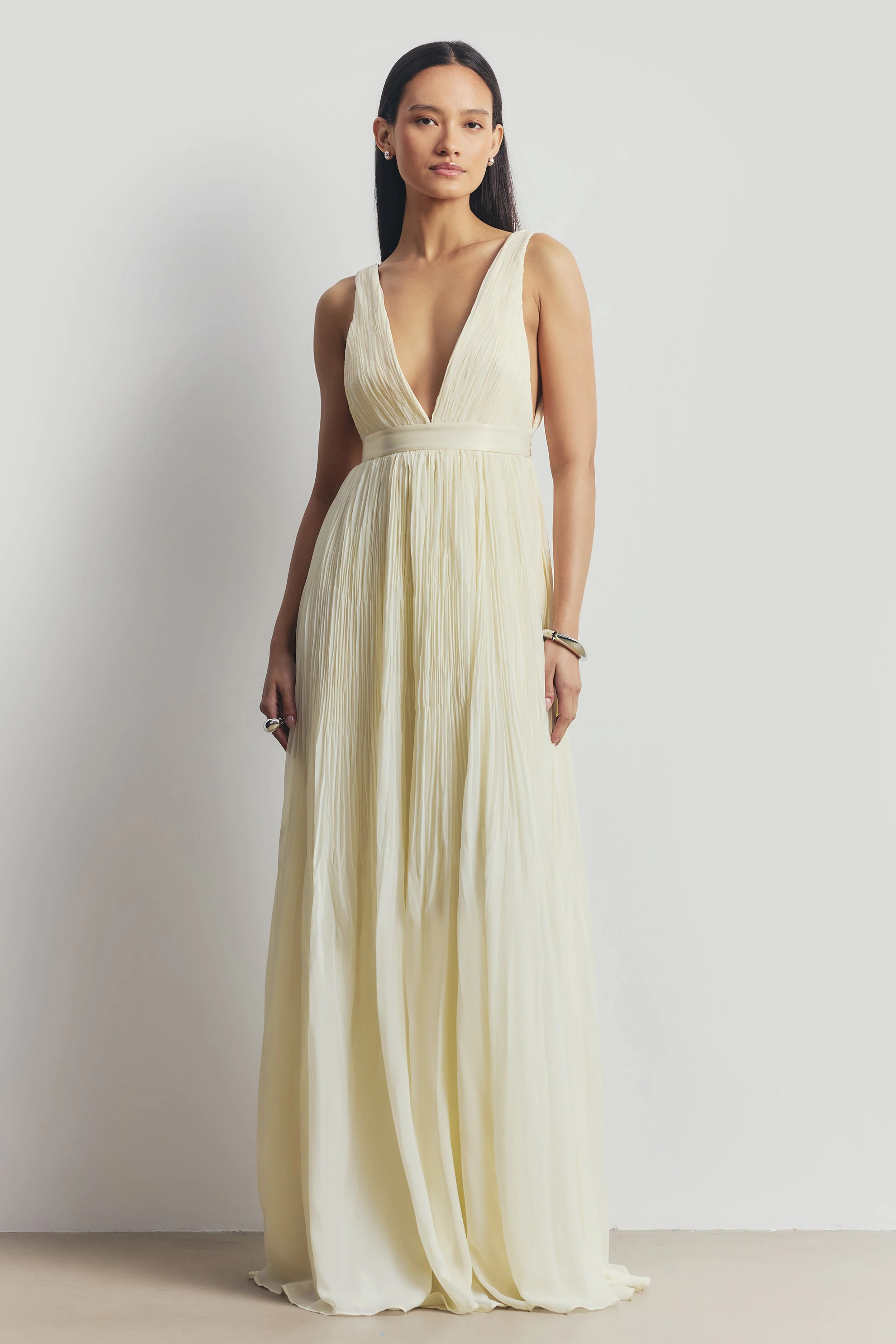Pleated Chiffon Plunging V Neck Gown - Buttermilk - Image 7