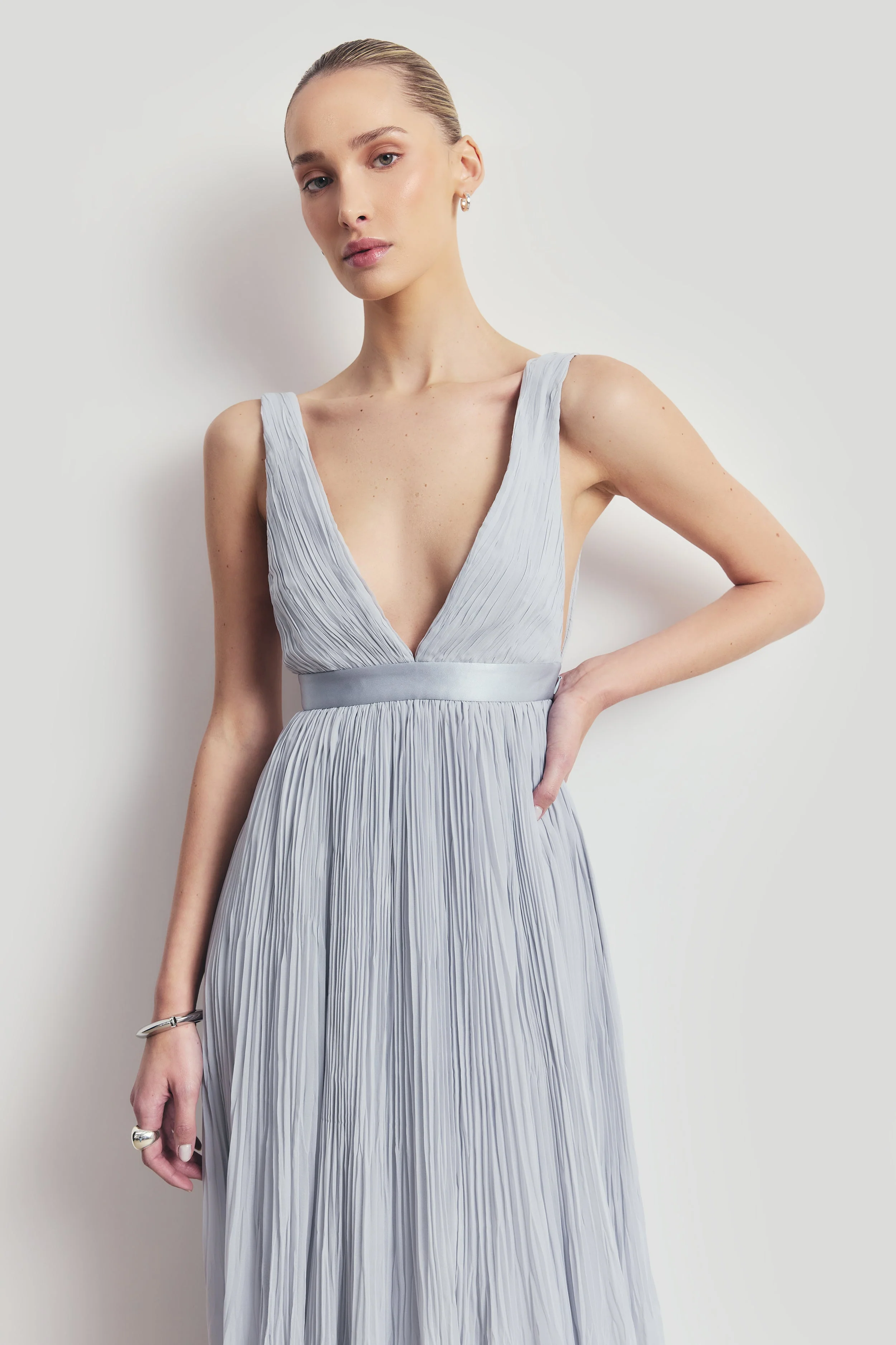 Pleated Chiffon Plunging V Neck Gown - Frost - Image 3