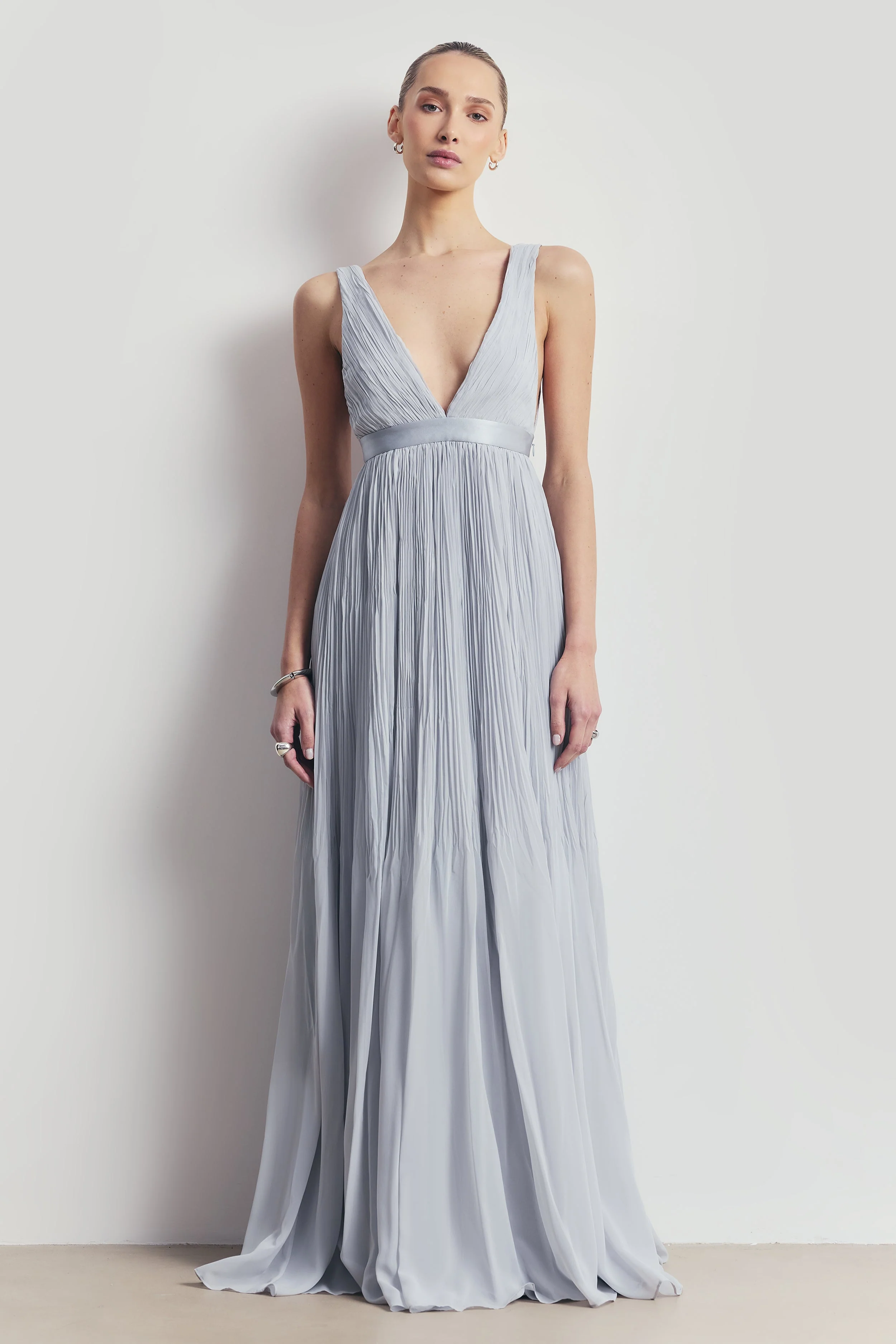 Pleated Chiffon Plunging V Neck Gown - Frost - Image 4