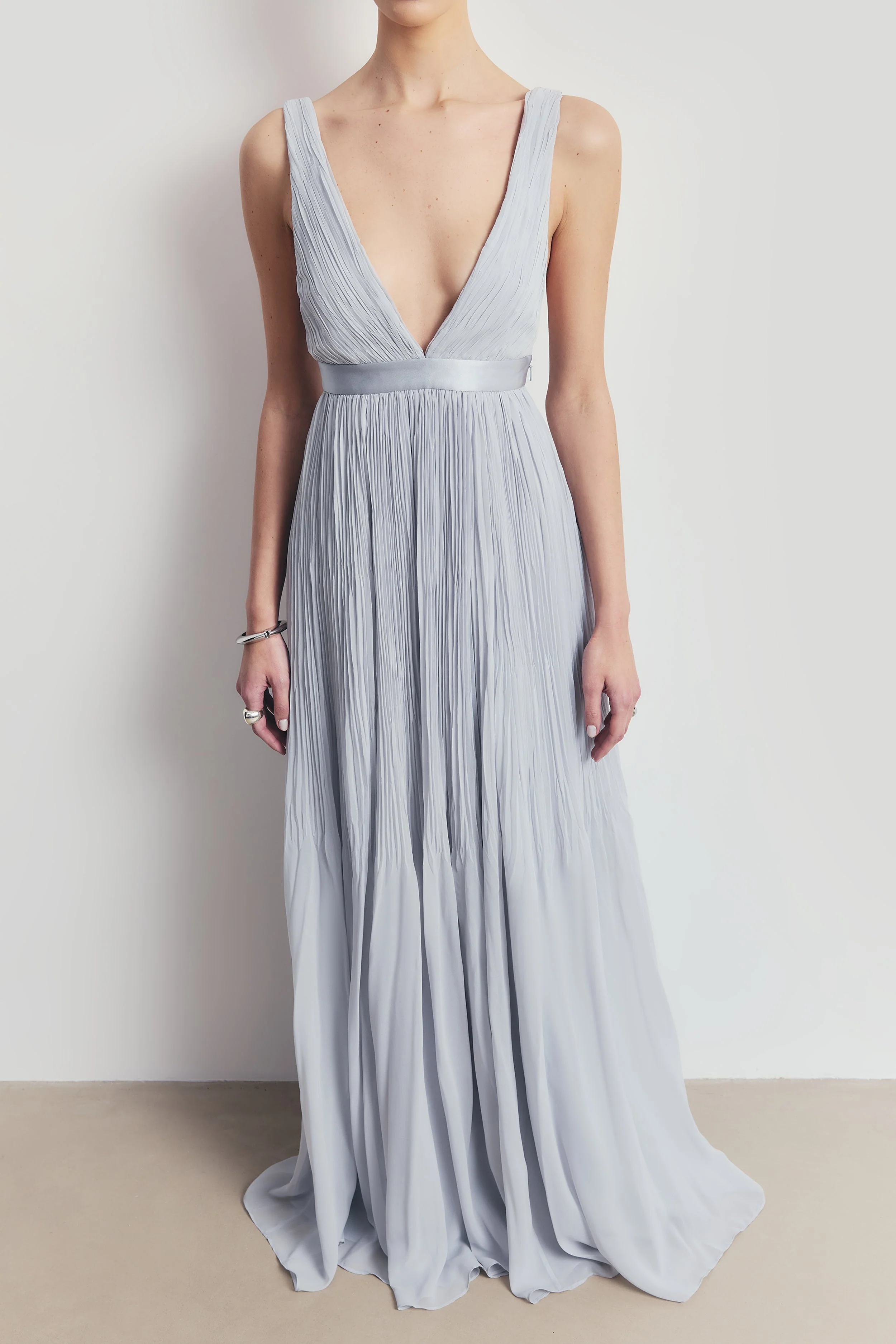 Pleated Chiffon Plunging V Neck Gown - Frost - Image 6