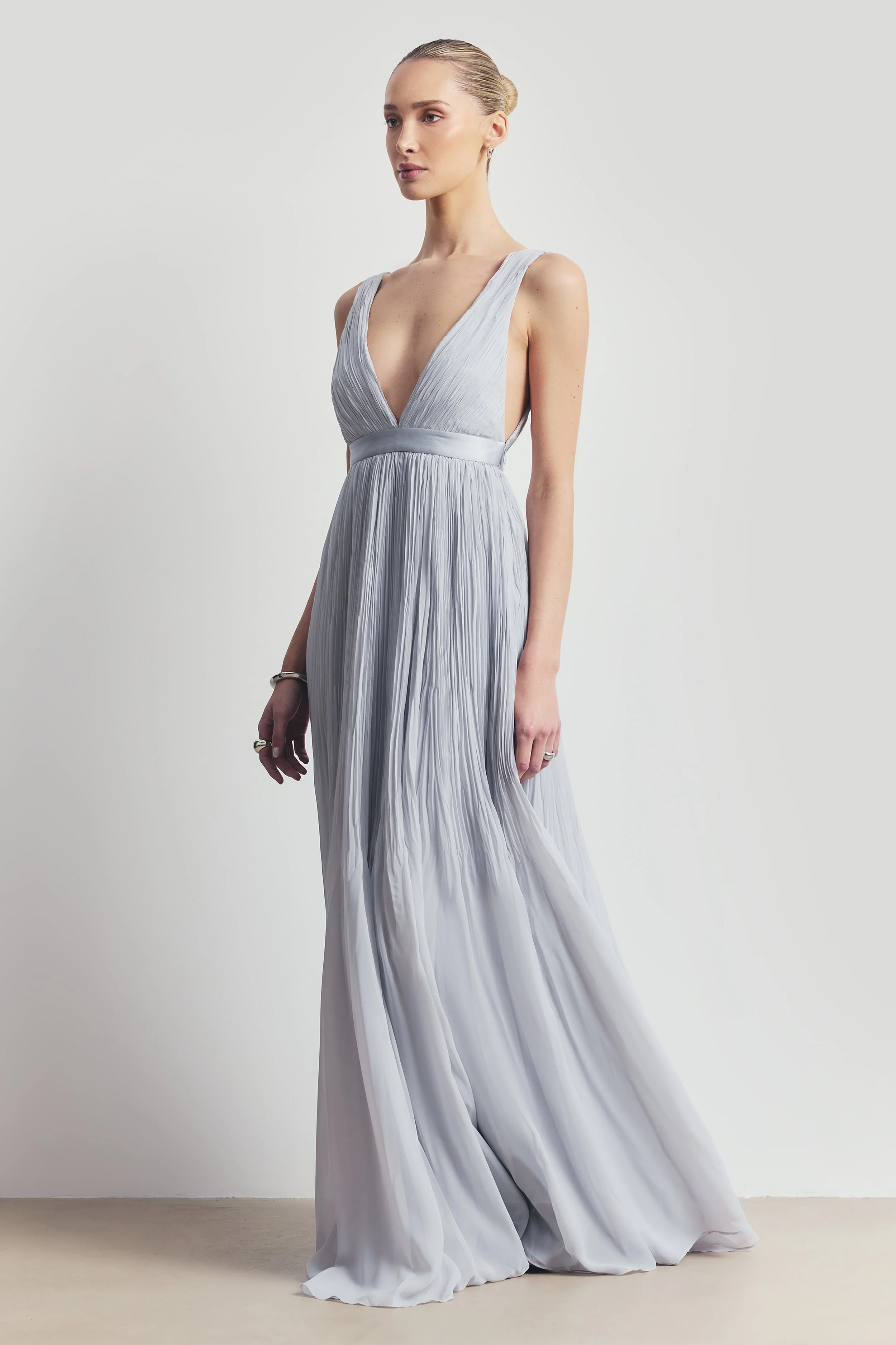 Pleated Chiffon Plunging V Neck Gown - Frost - Image 7