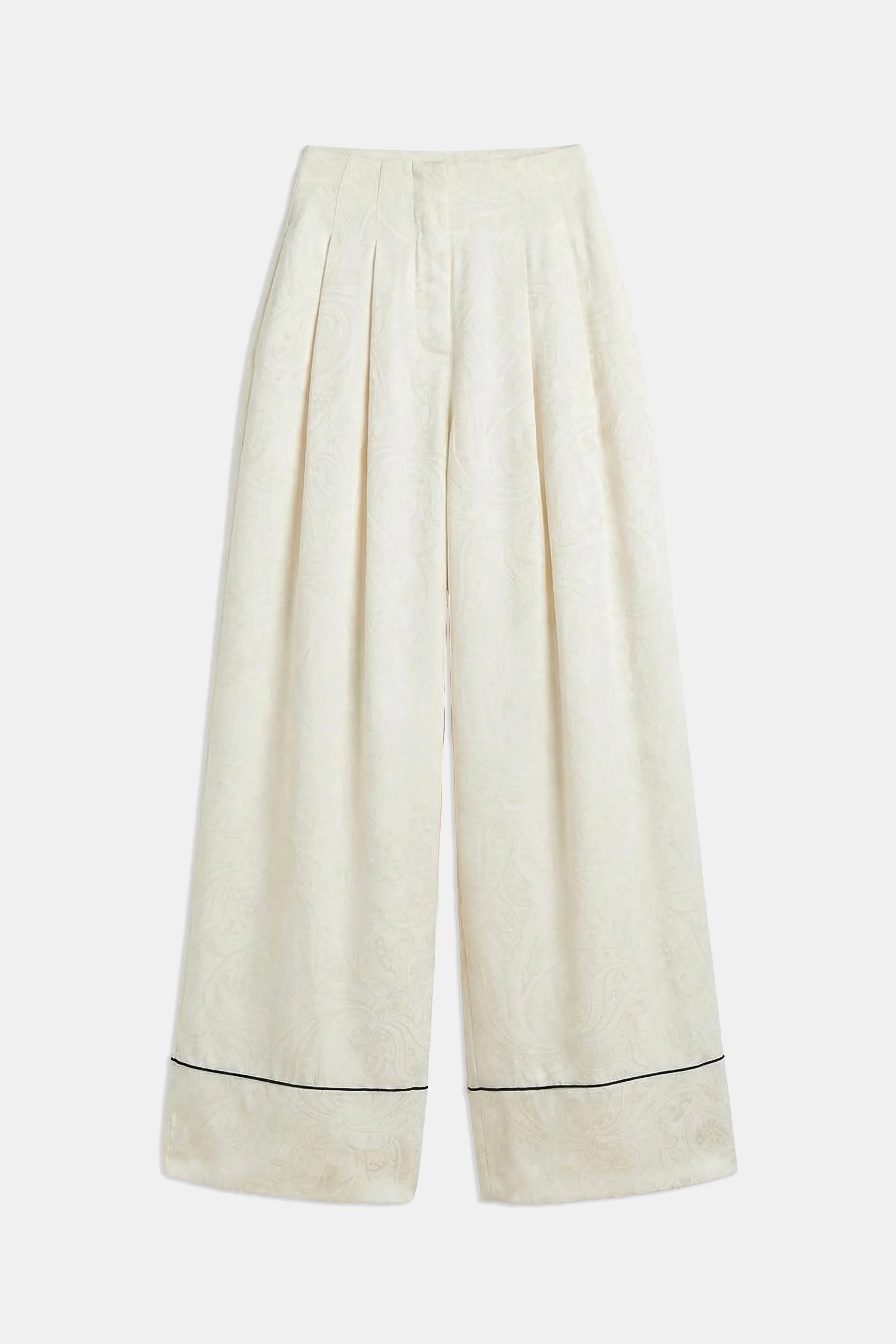 Pleated Jacquard Wide Leg Trousers - Cream - Image 10
