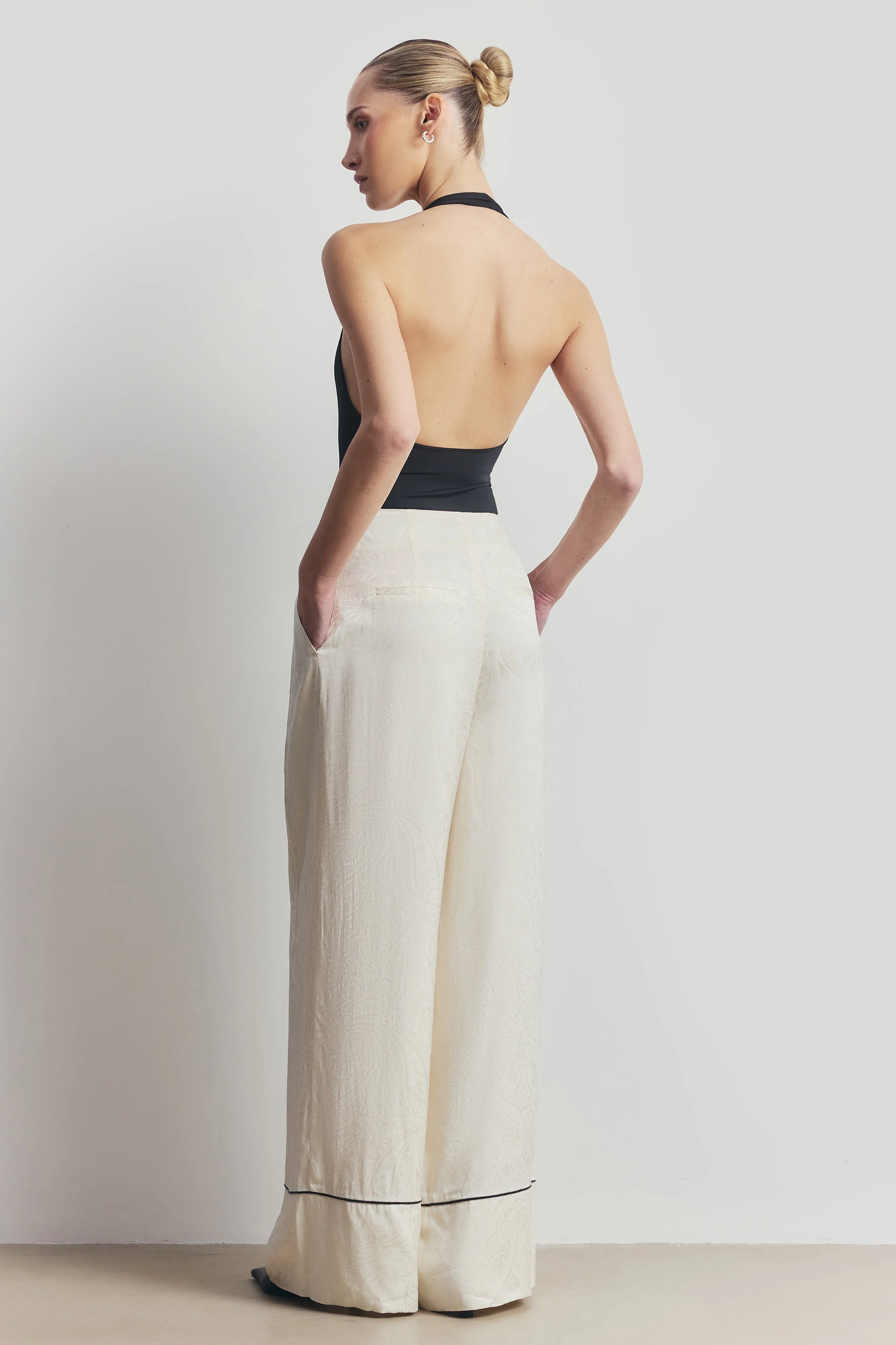 Pleated Jacquard Wide Leg Trousers - Cream - Image 3
