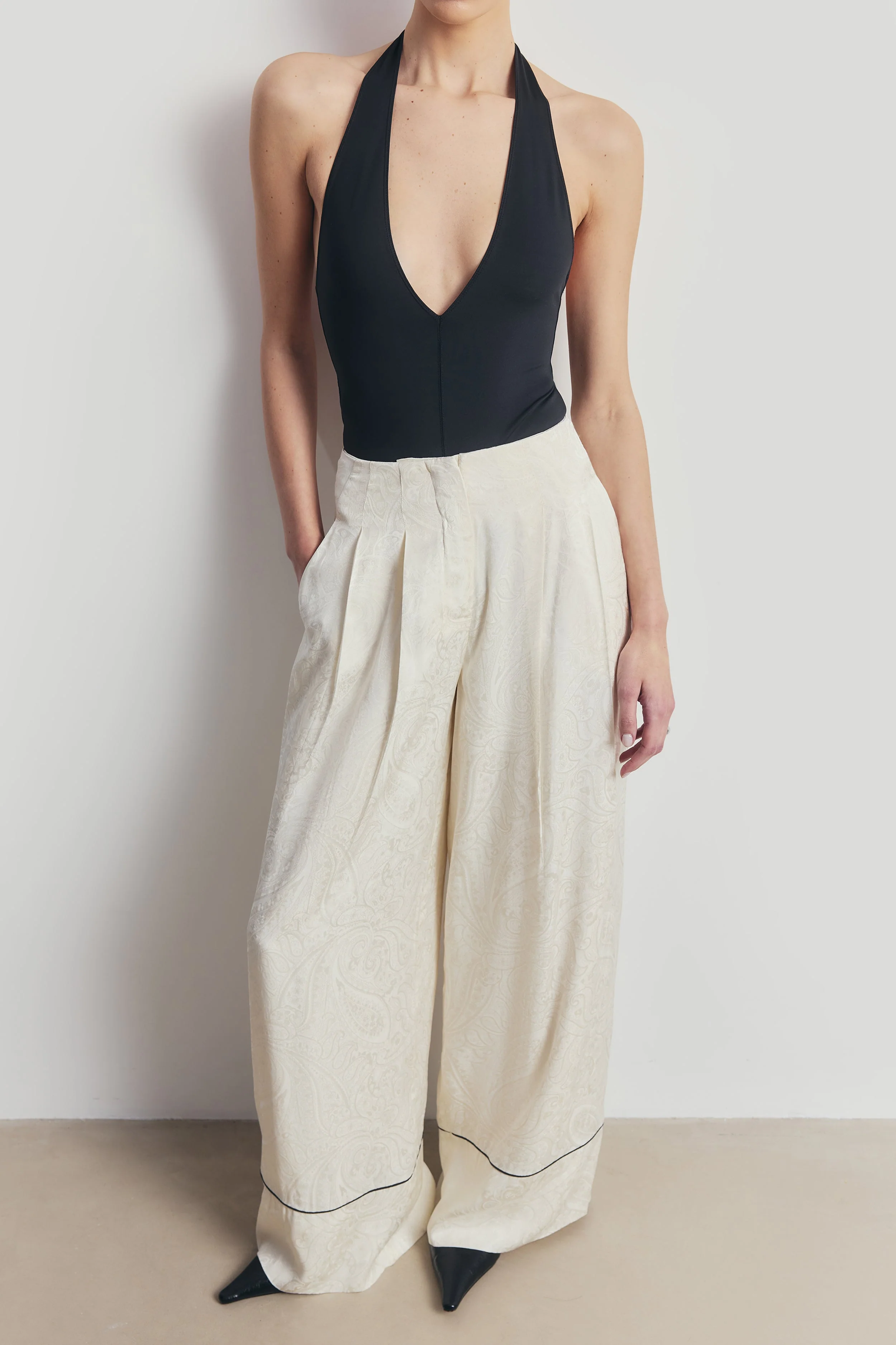 Pleated Jacquard Wide Leg Trousers - Cream - Image 8