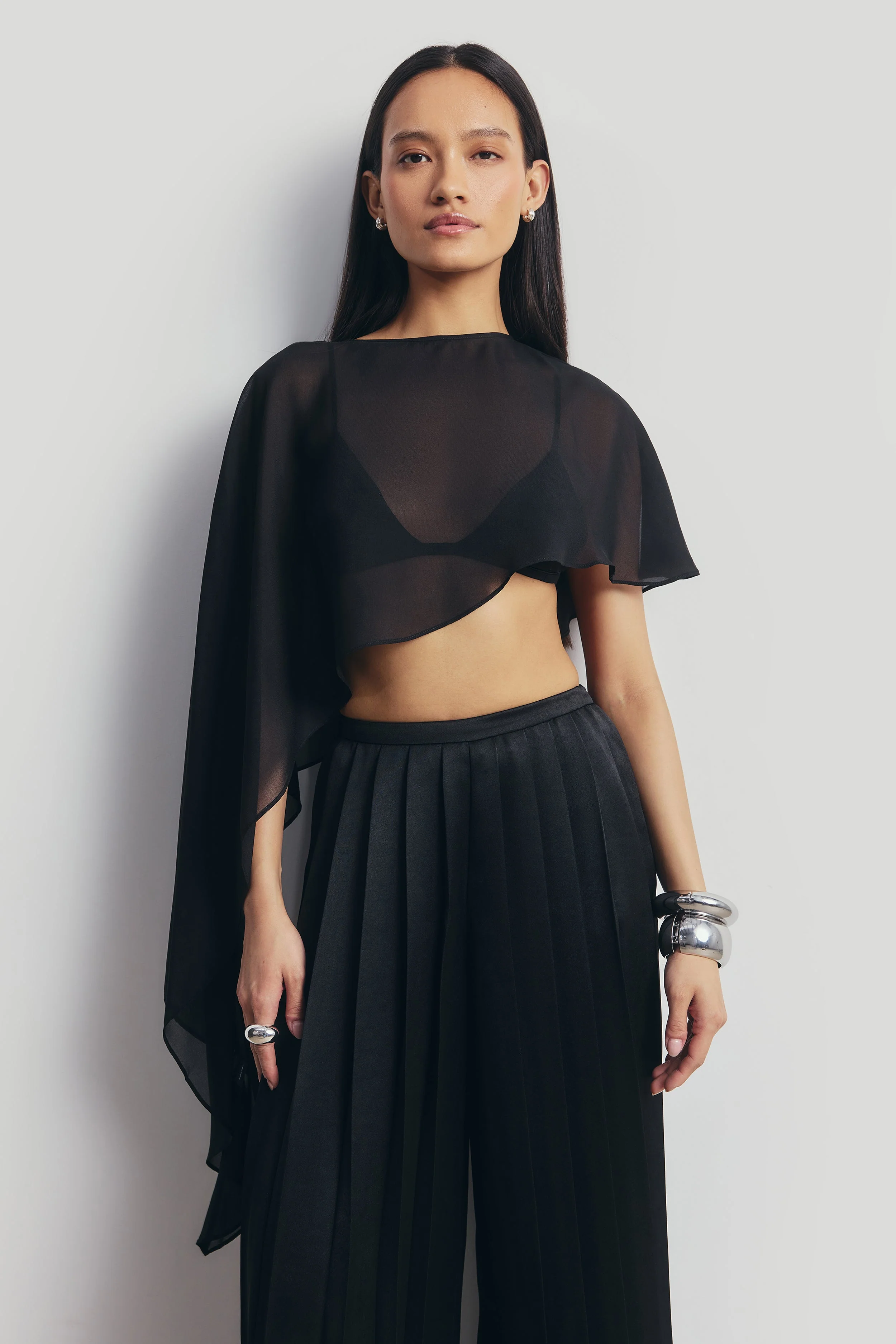 Pleated Satin Palazzo Trousers - Black - Image 5