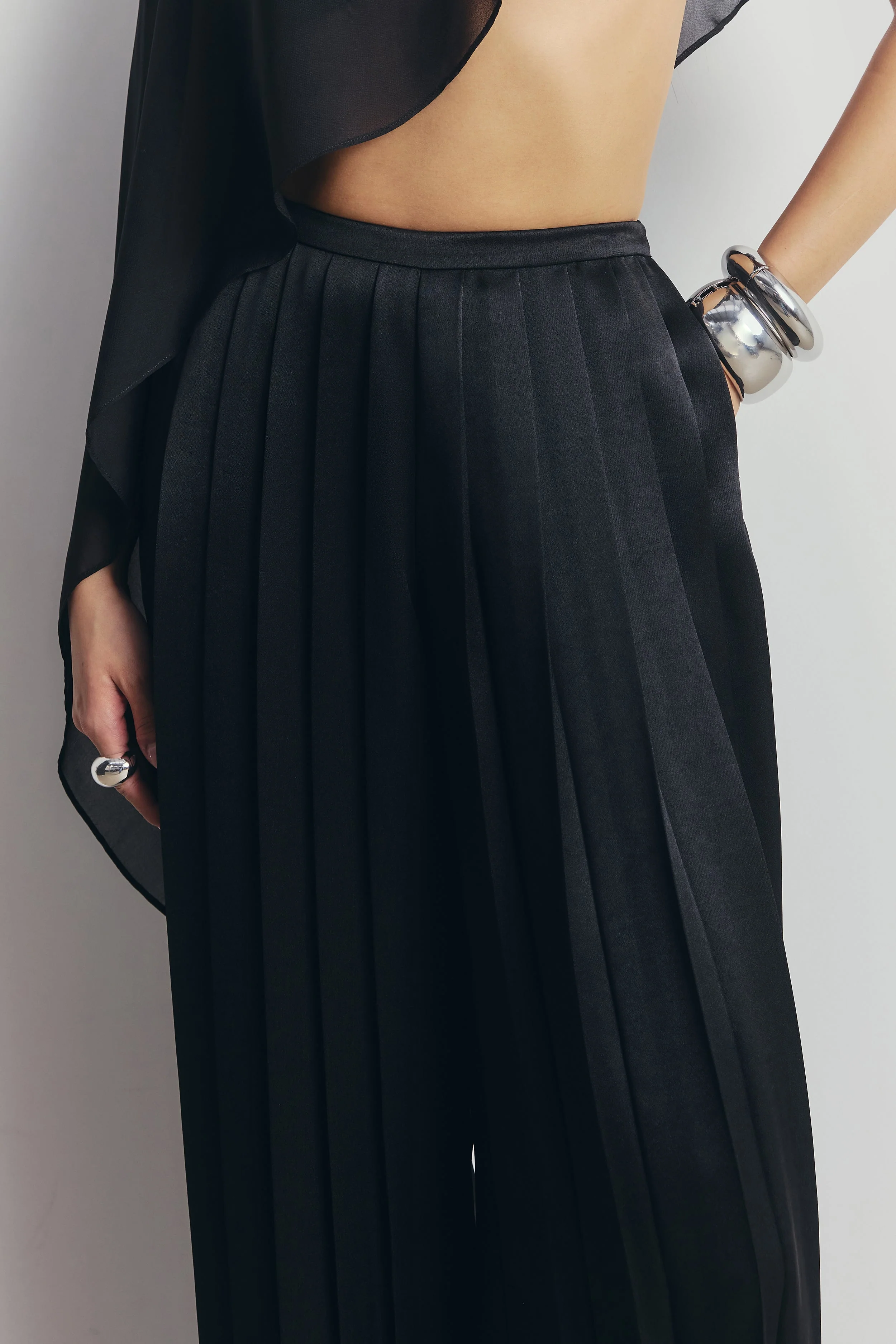 Pleated Satin Palazzo Trousers - Black - Image 6