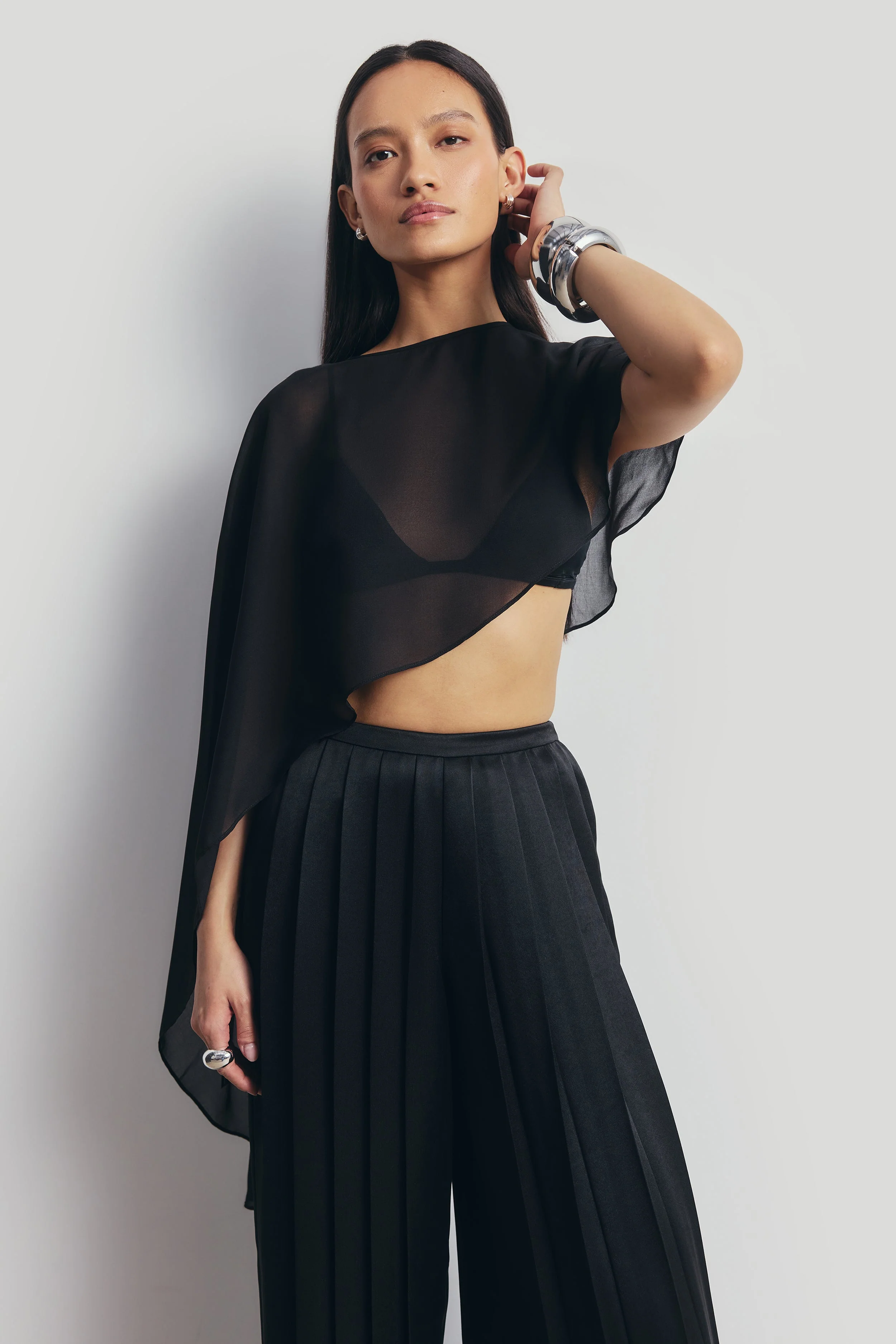 Pleated Satin Palazzo Trousers - Black - Image 8