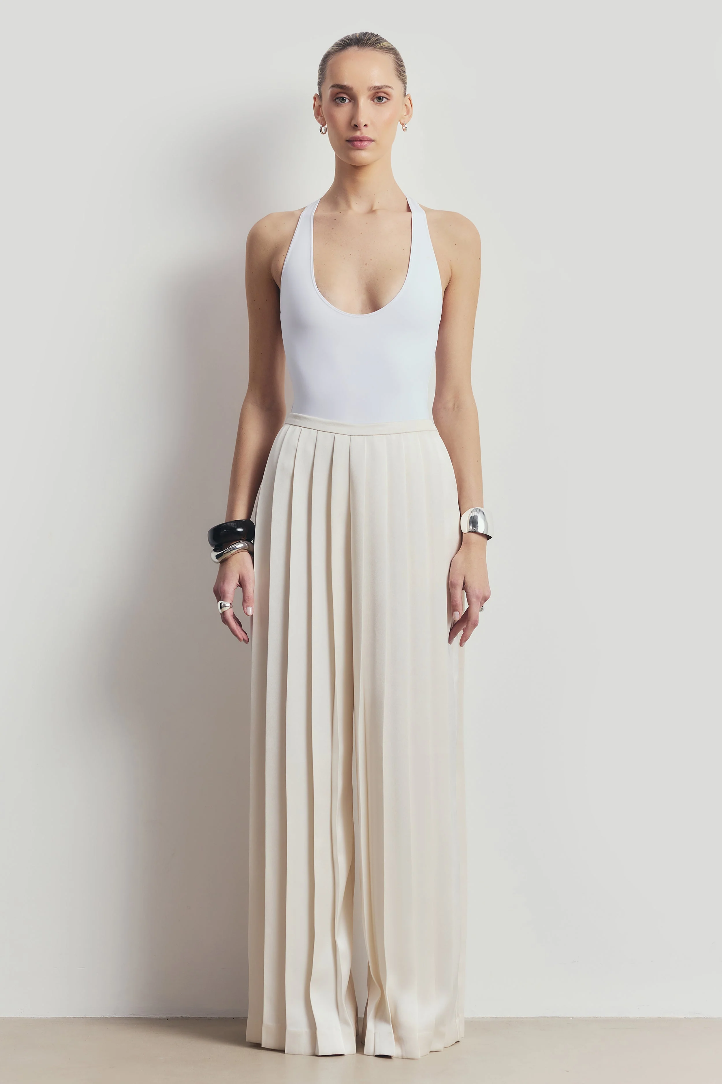Pleated Satin Palazzo Trousers - Cream - Image 4