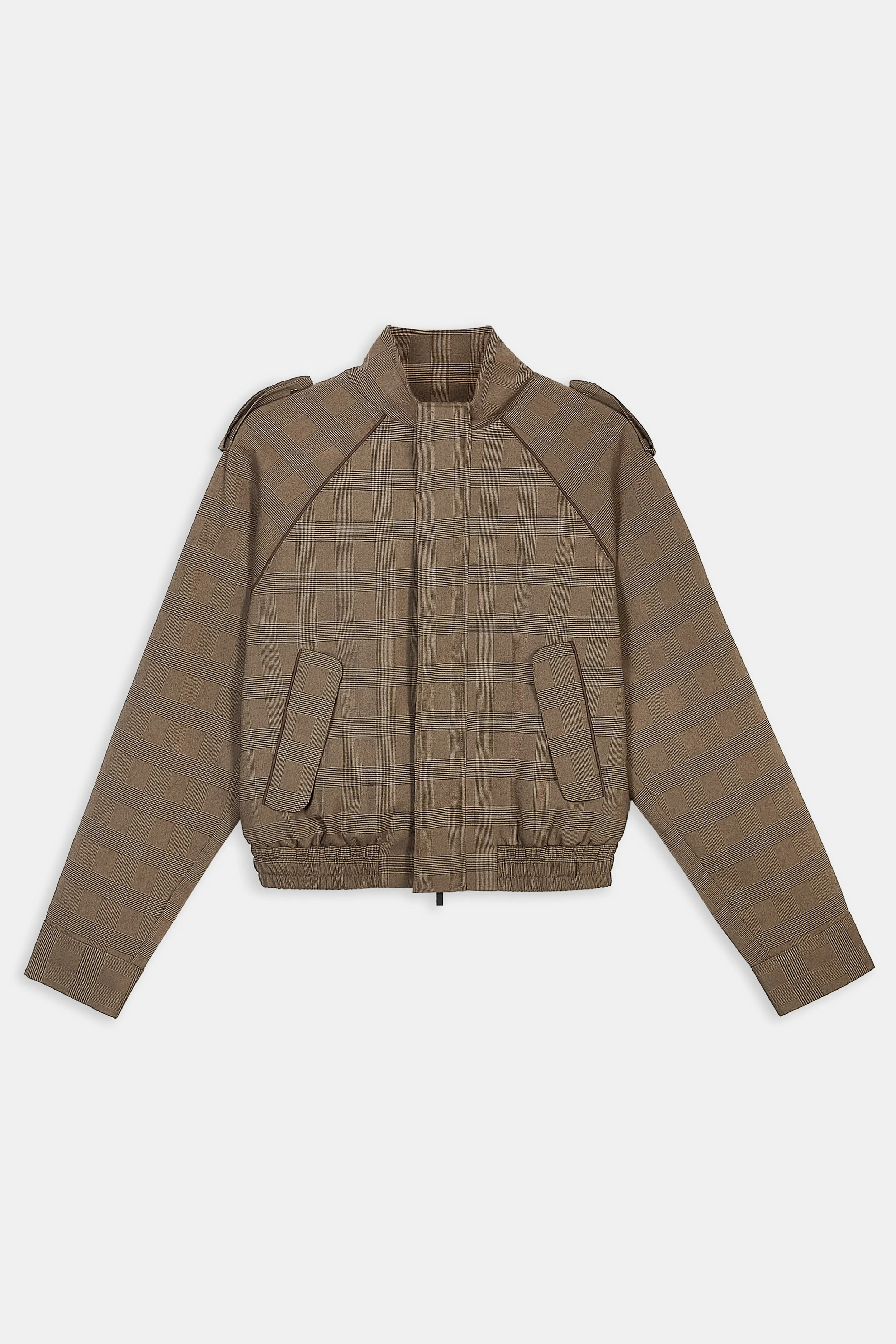 Relaxed High Collar Bomber Jacket - Carob Check - Image 10