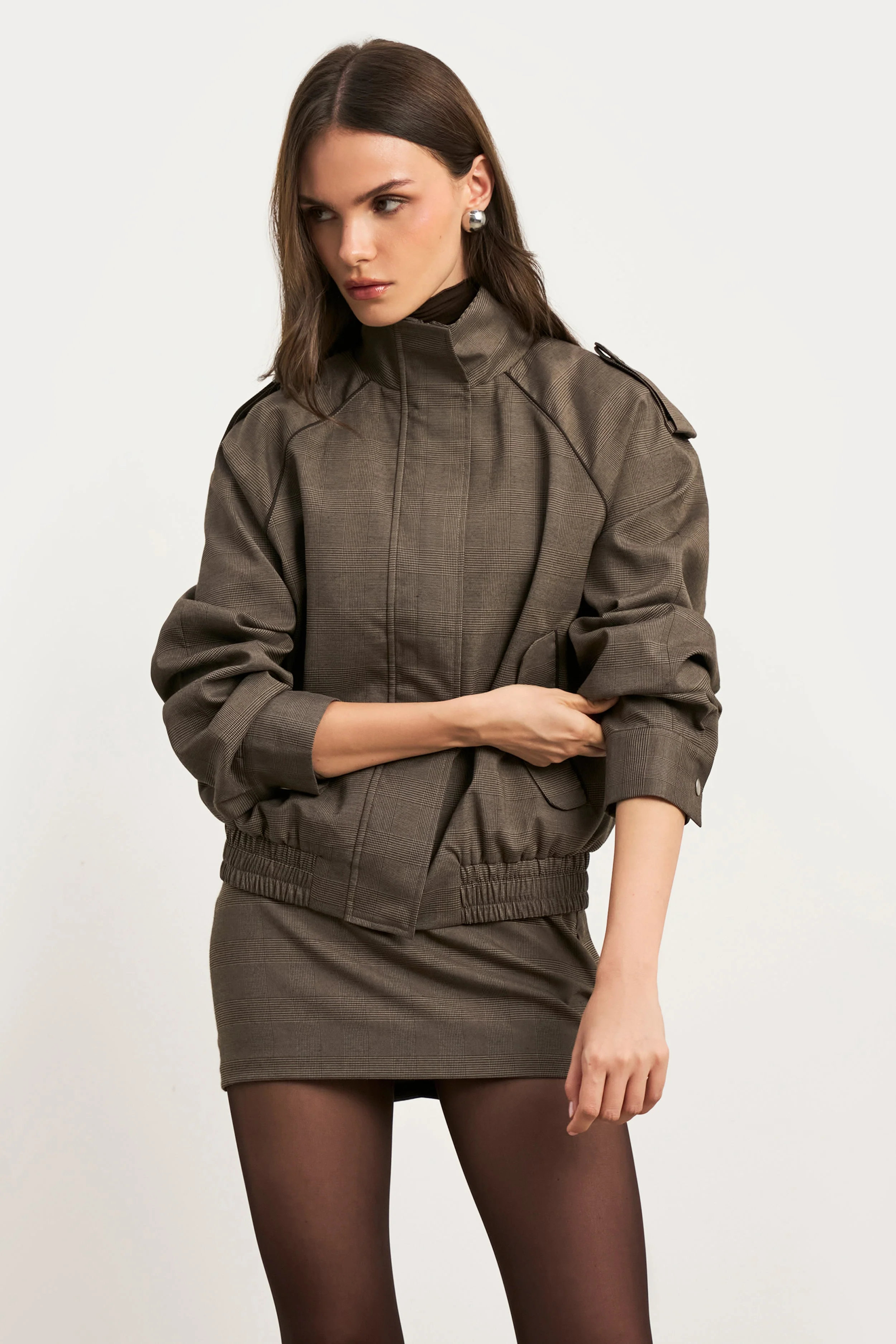Relaxed High Collar Bomber Jacket - Carob Check - Image 5