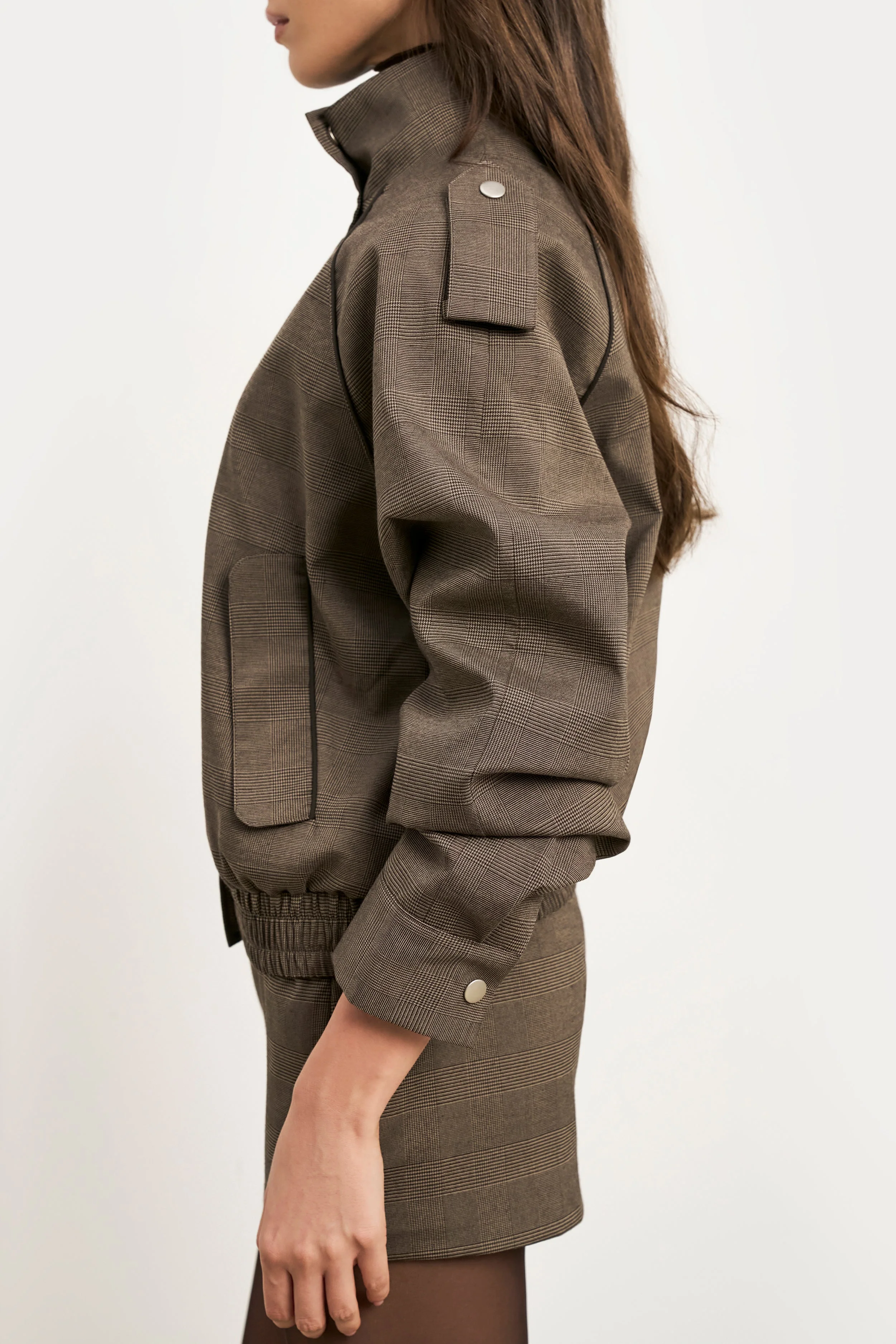Relaxed High Collar Bomber Jacket - Carob Check - Image 6