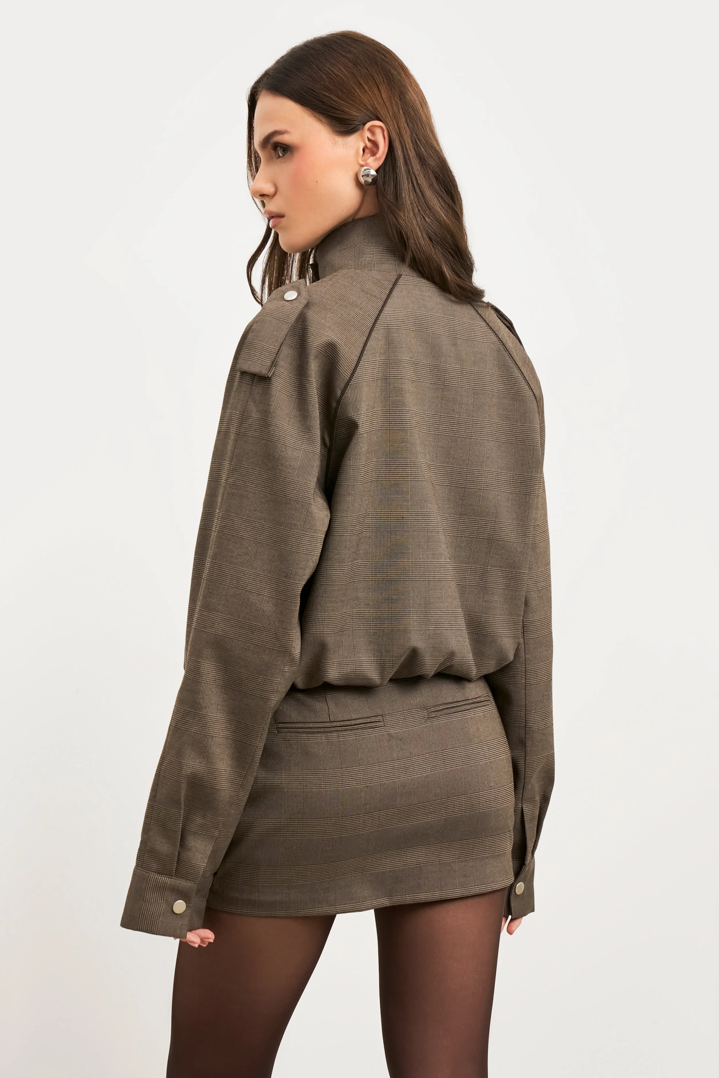 Relaxed High Collar Bomber Jacket - Carob Check - Image 8
