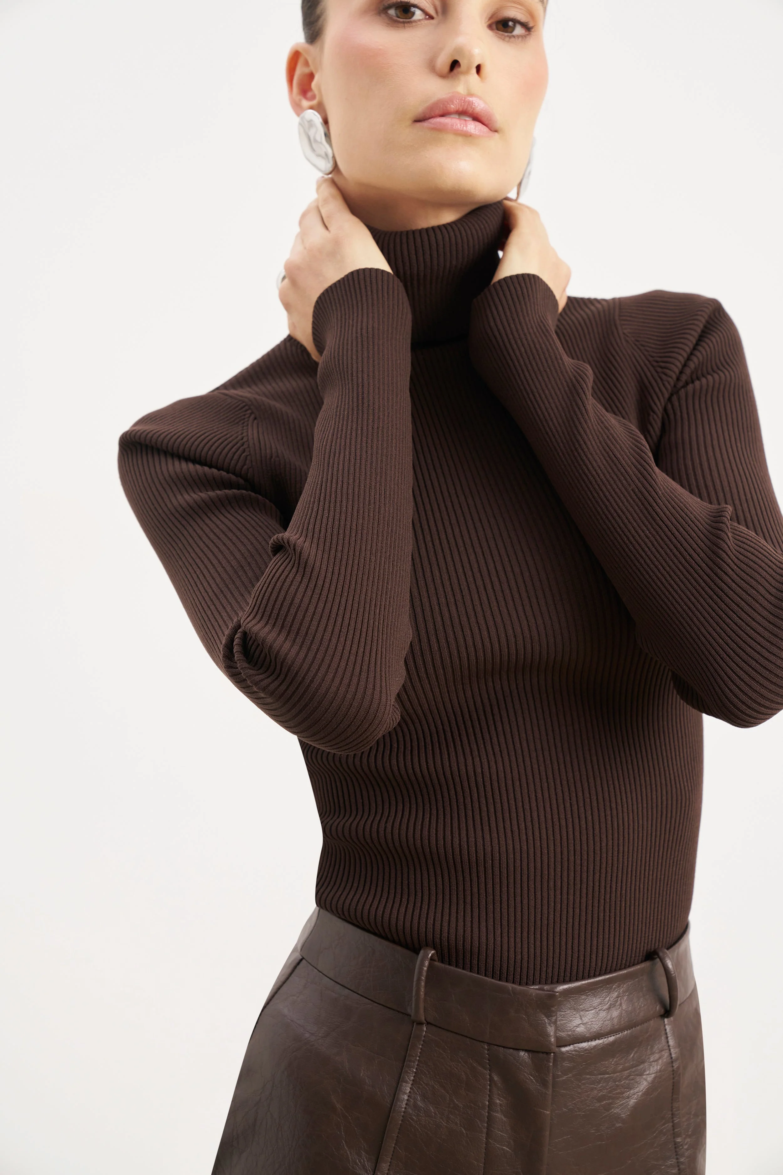 Ribbed Knit Turtleneck Jumper - Carob - Image 10