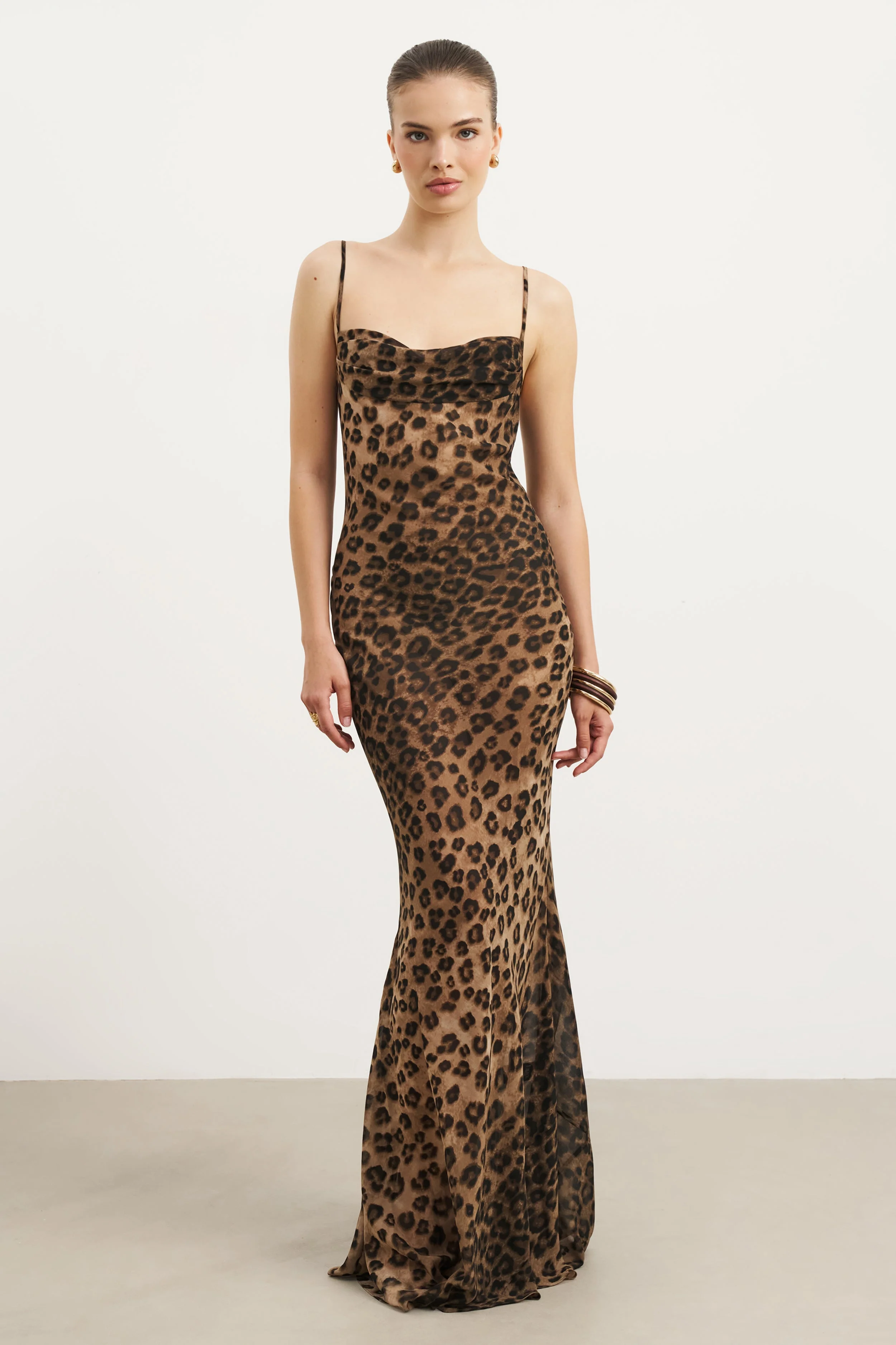 Sheer Ruched Chiffon Maxi Dress - Leopard Print - Image 4