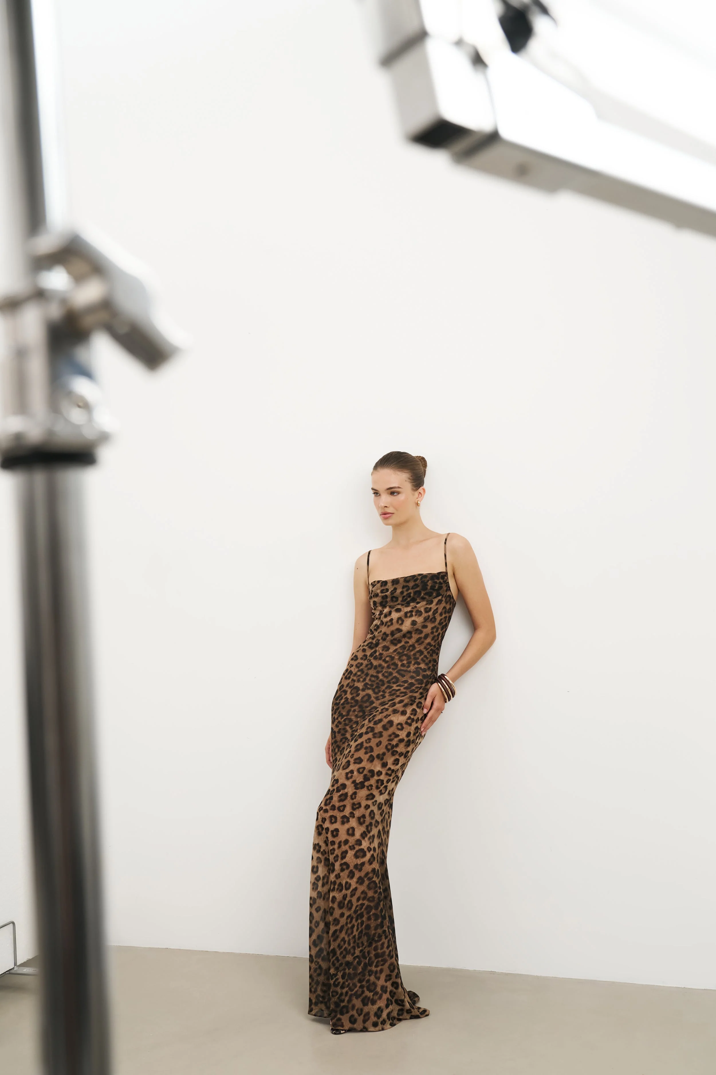 Sheer Ruched Chiffon Maxi Dress - Leopard Print - Image 9