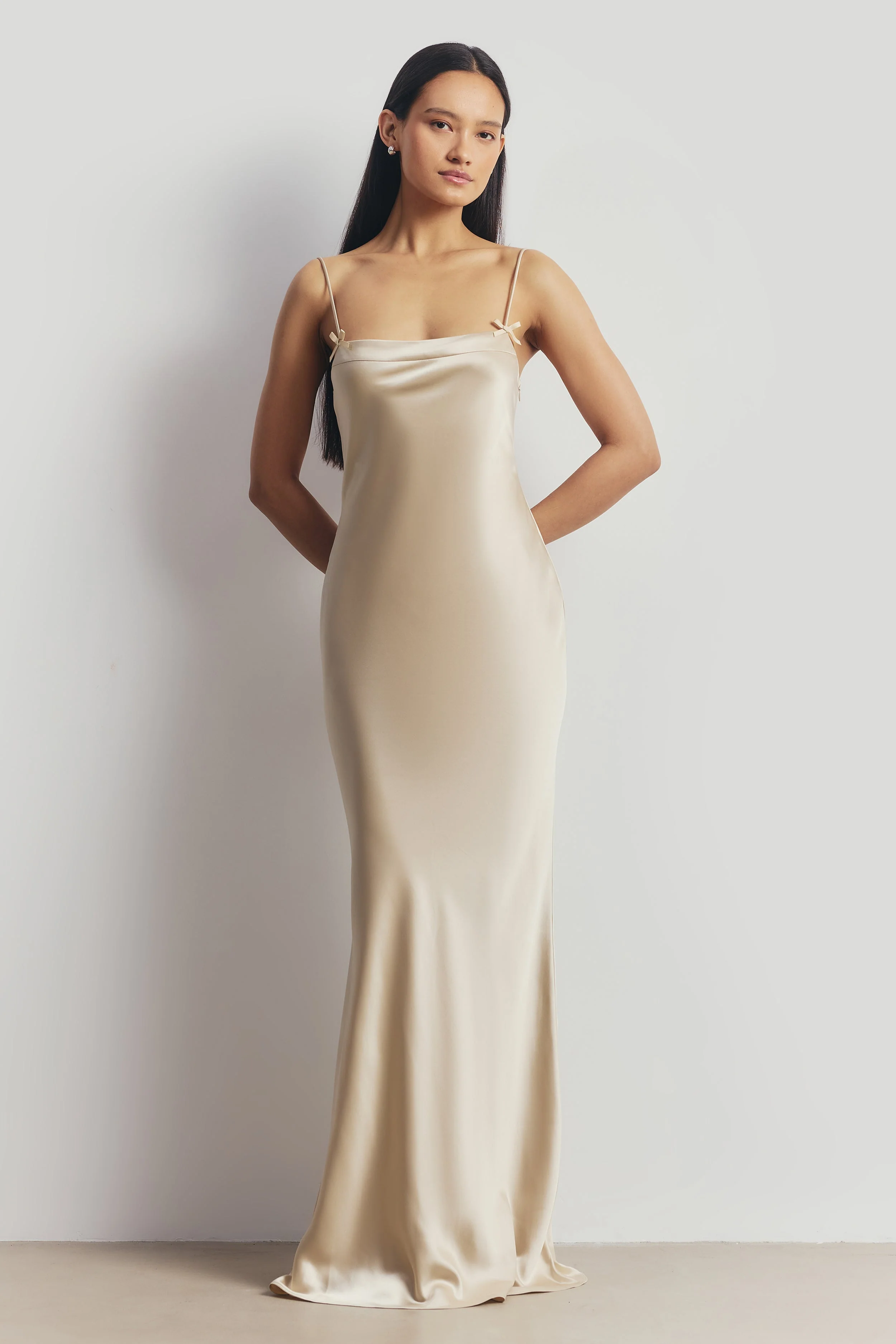 Satin 90's Slip Dress with Bow Detail - Champagne - Image 4