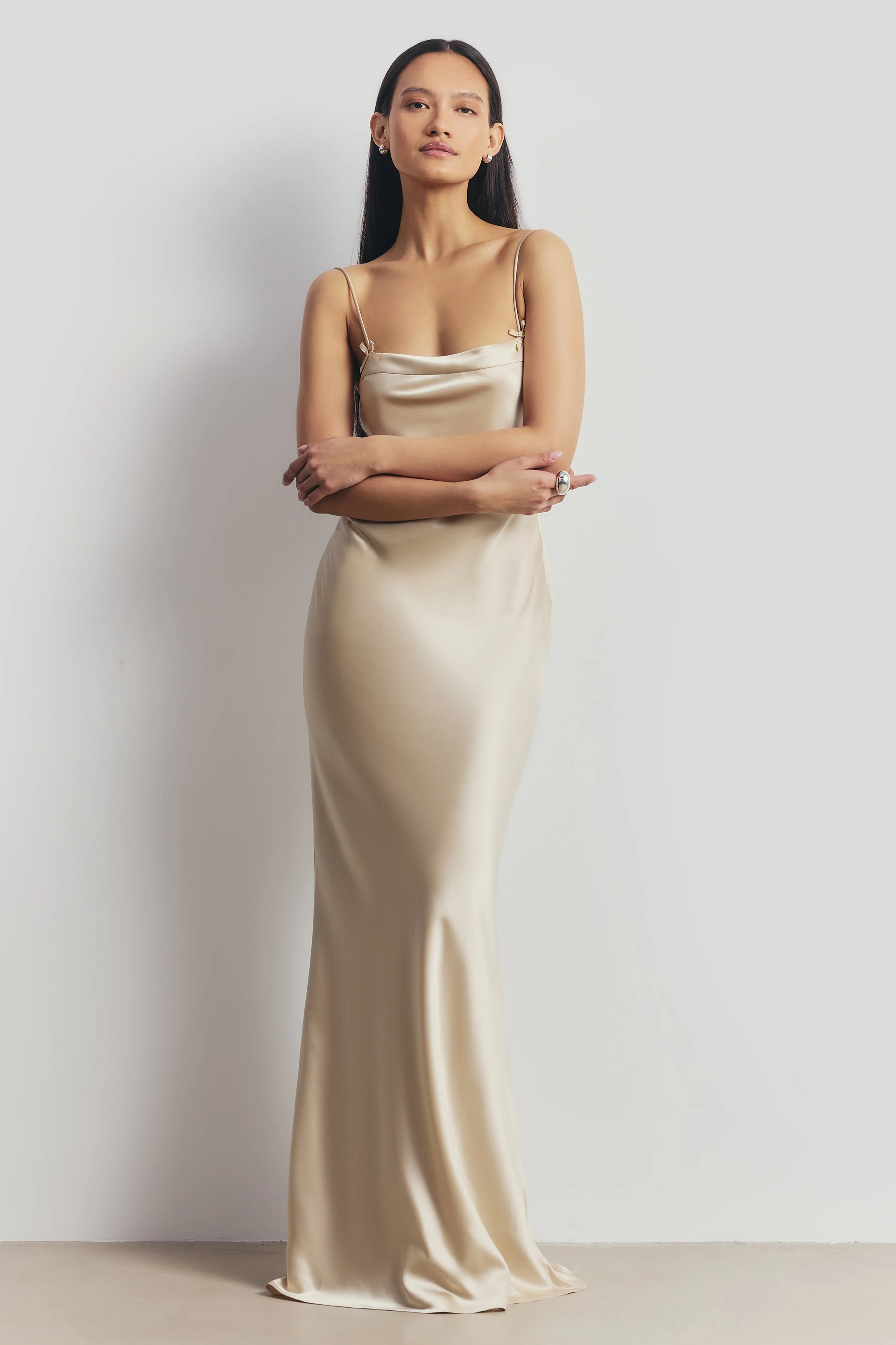 Satin 90's Slip Dress with Bow Detail - Champagne - Image 7