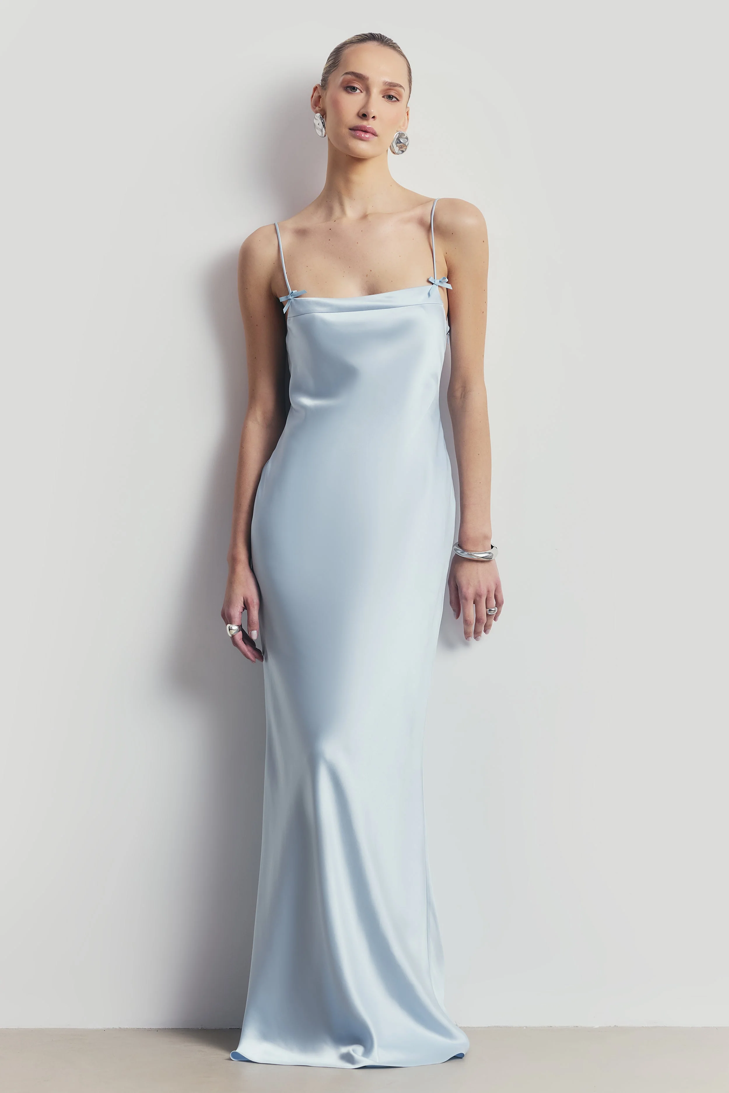 Satin 90's Slip Dress with Bow Detail - Powder Blue - Image 5