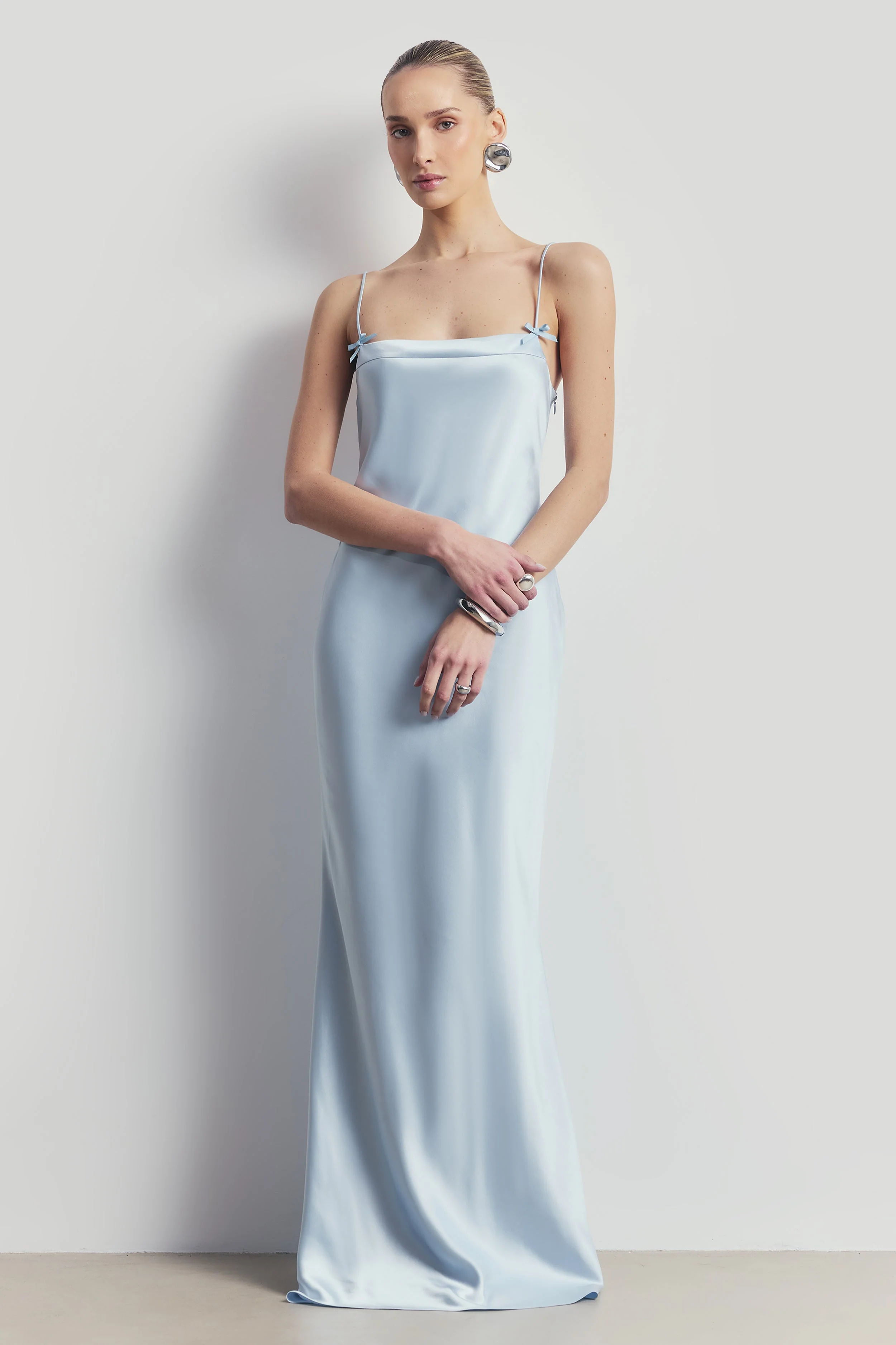 Satin 90's Slip Dress with Bow Detail - Powder Blue - Image 7