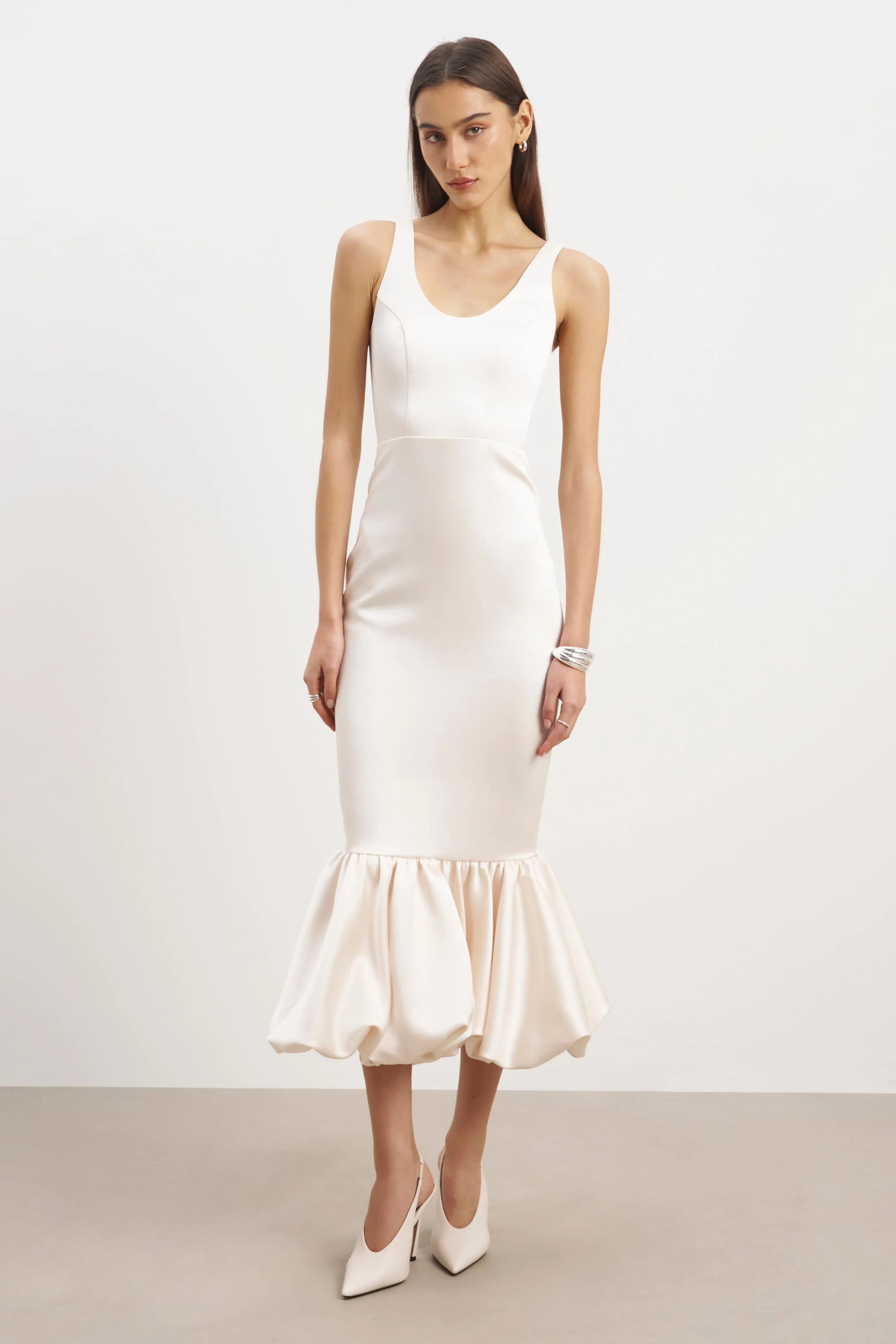 Satin Bubble Hem Midi Dress - Cream - Image 4