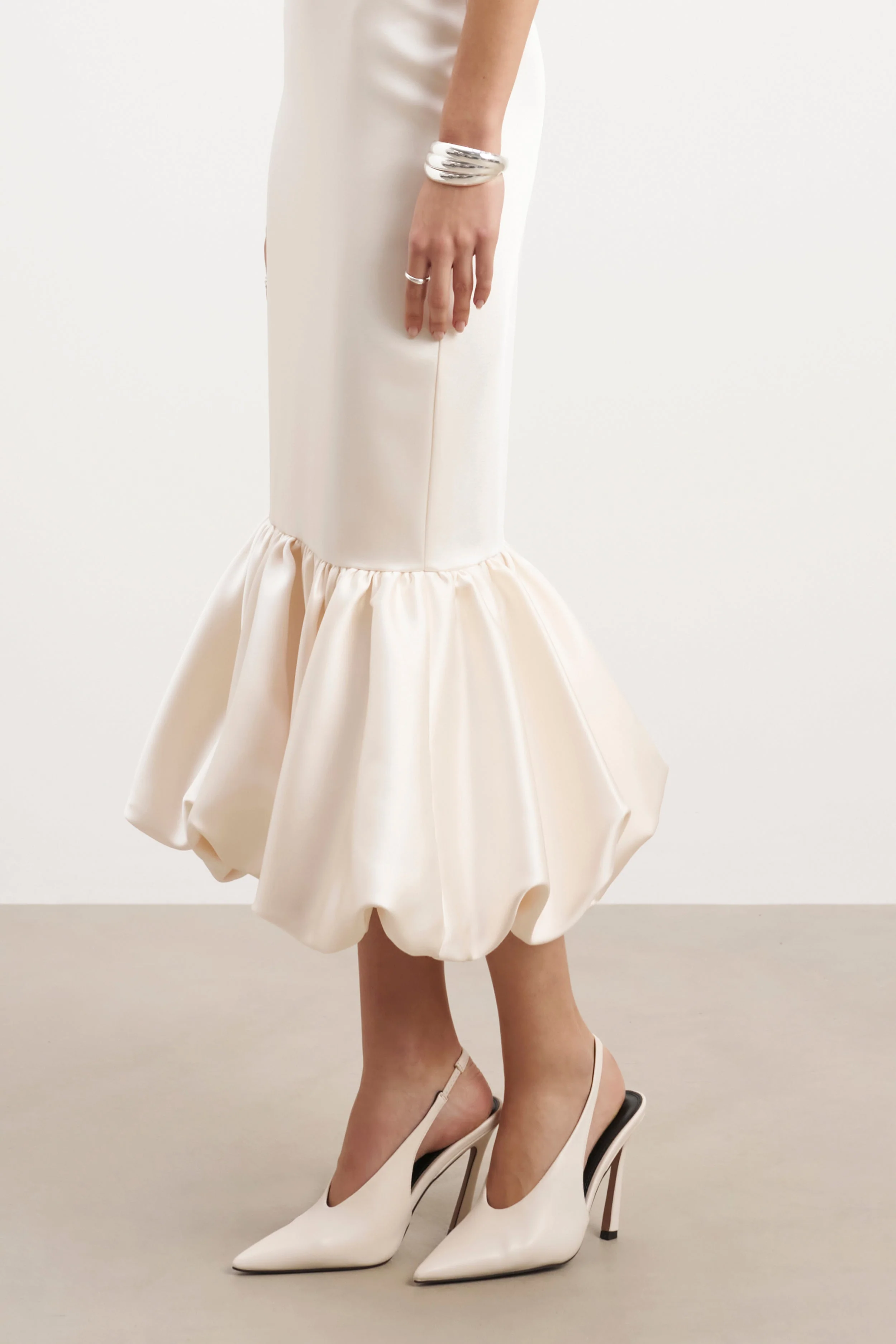 Satin Bubble Hem Midi Dress - Cream - Image 5