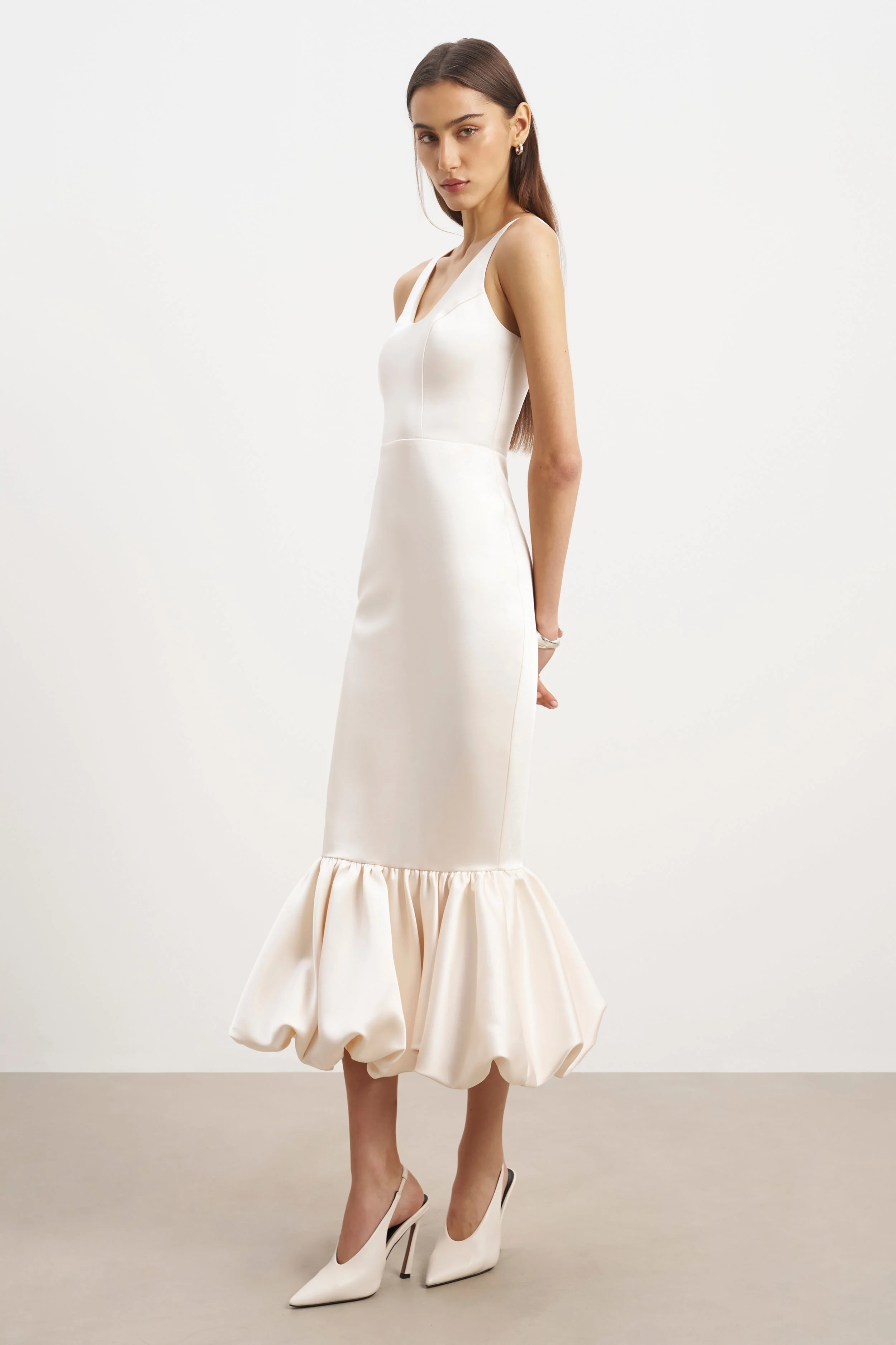 Satin Bubble Hem Midi Dress - Cream - Image 6