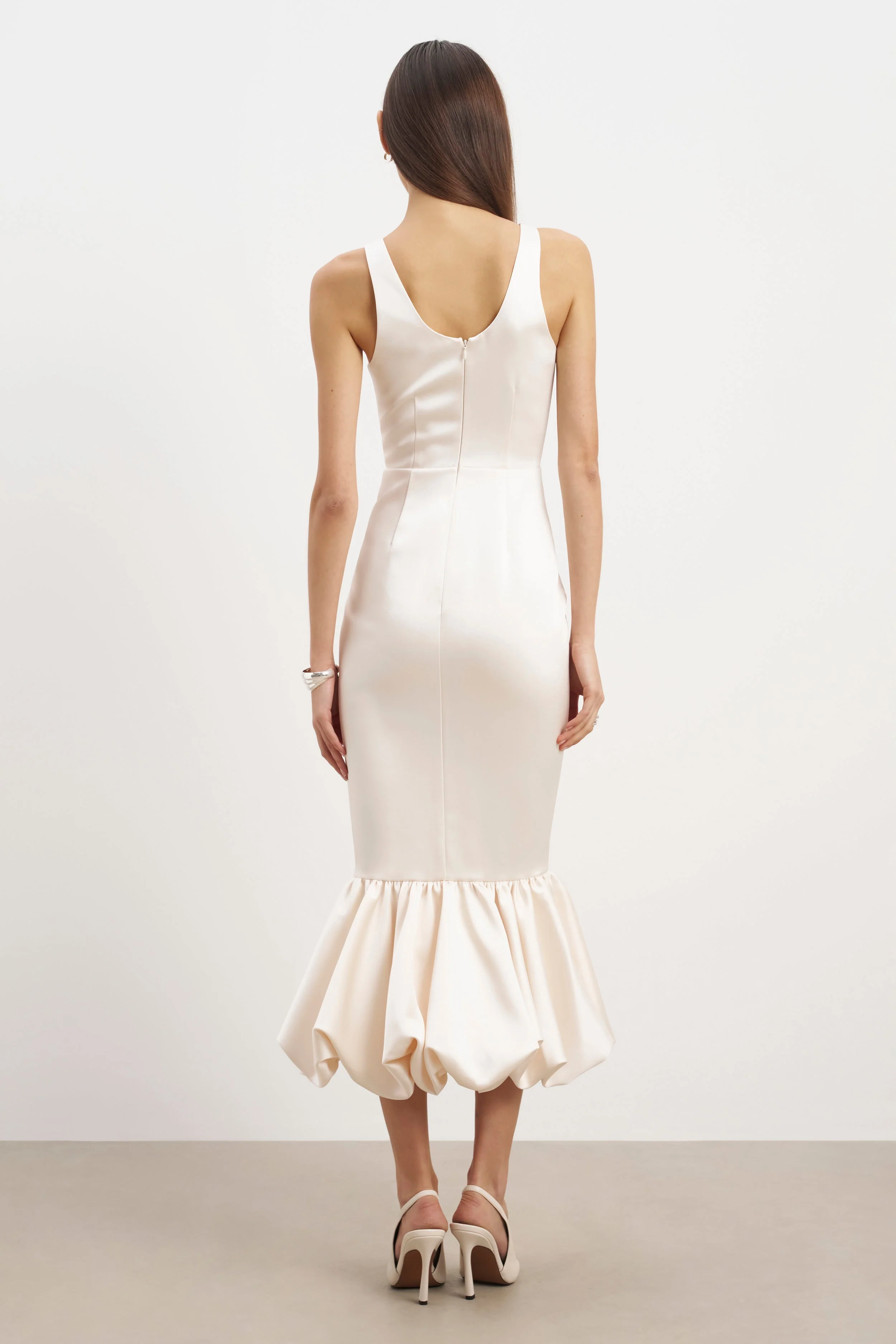 Satin Bubble Hem Midi Dress - Cream - Image 9