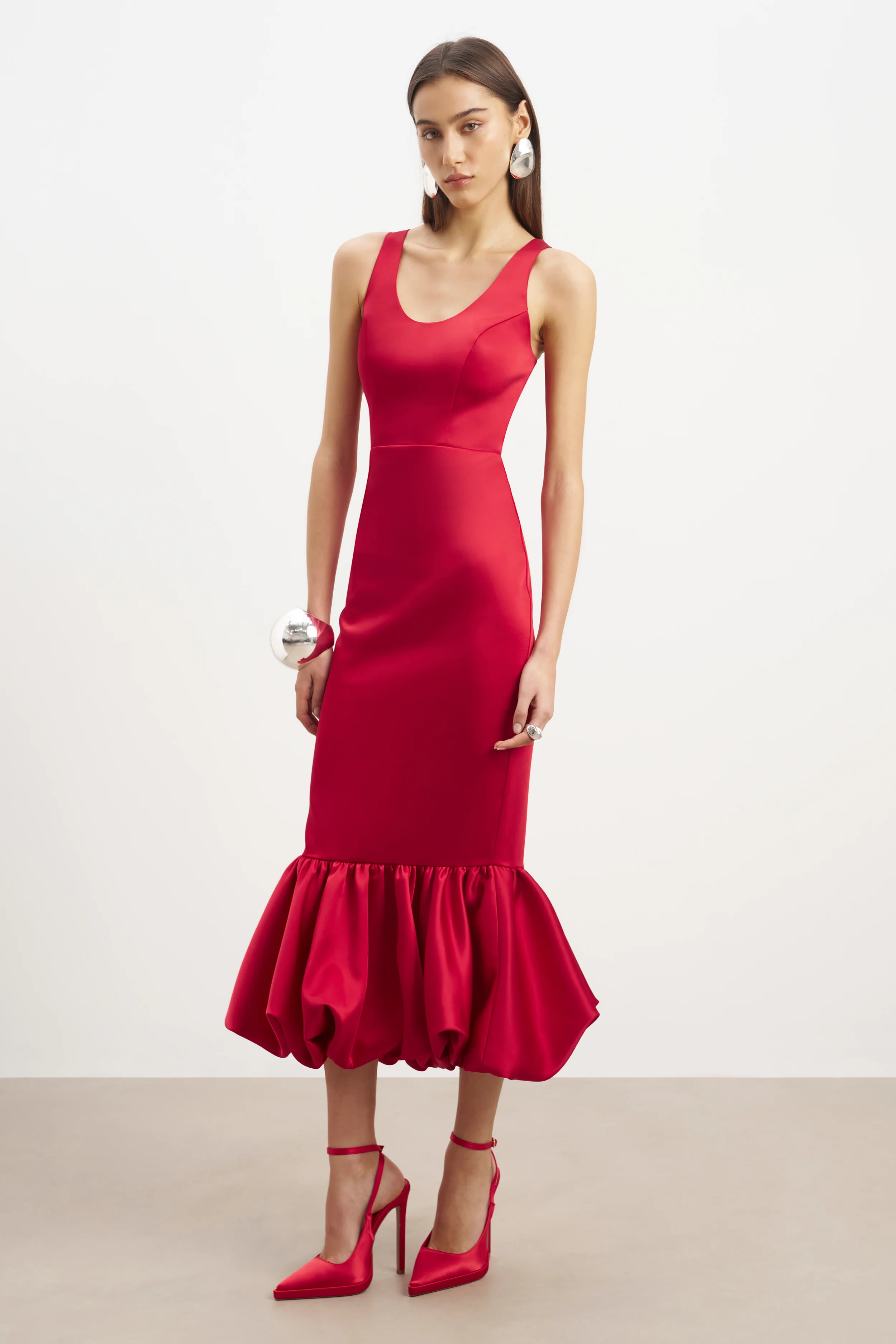 Satin Bubble Hem Midi Dress - Scarlet - Image 3