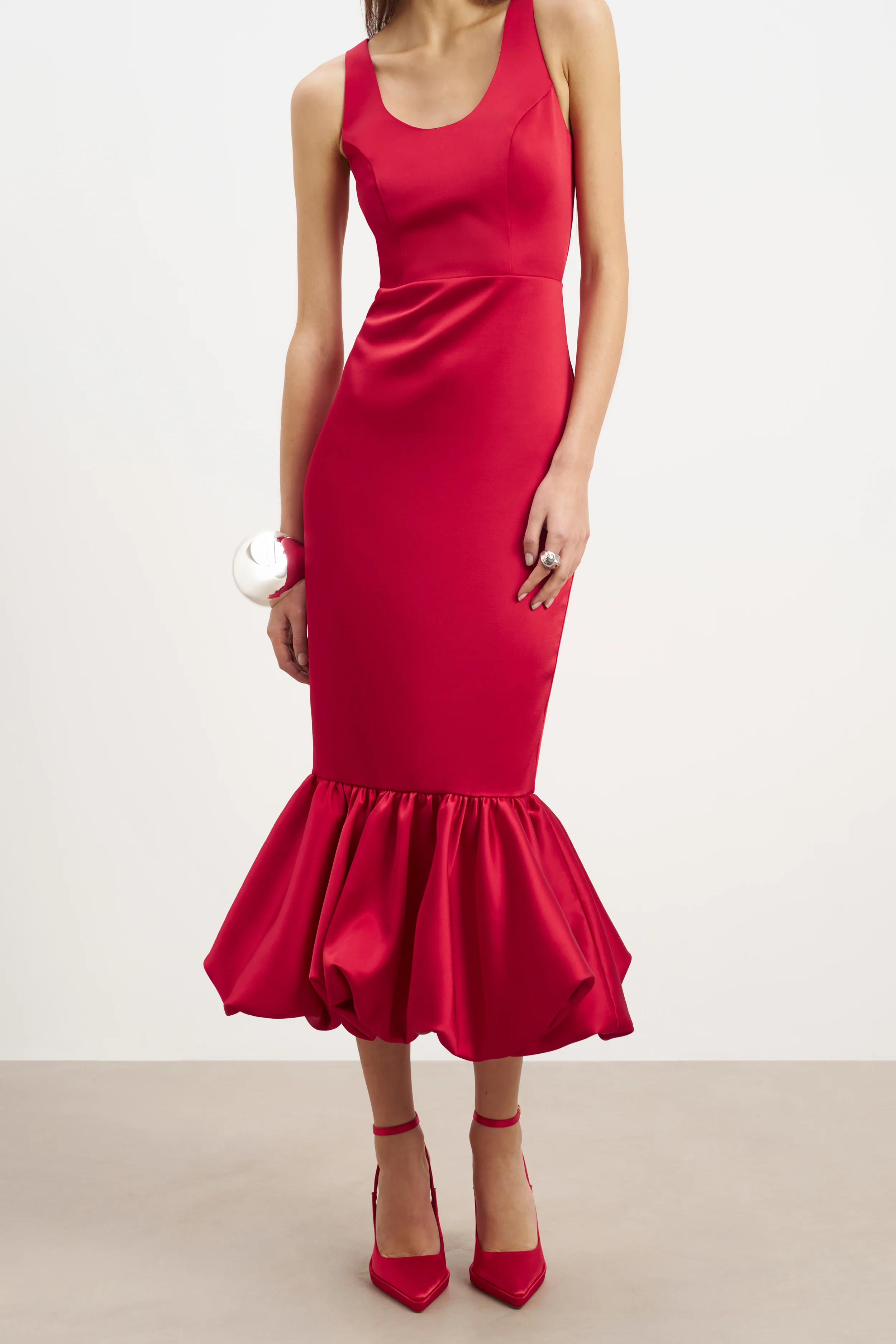 Satin Bubble Hem Midi Dress - Scarlet - Image 4