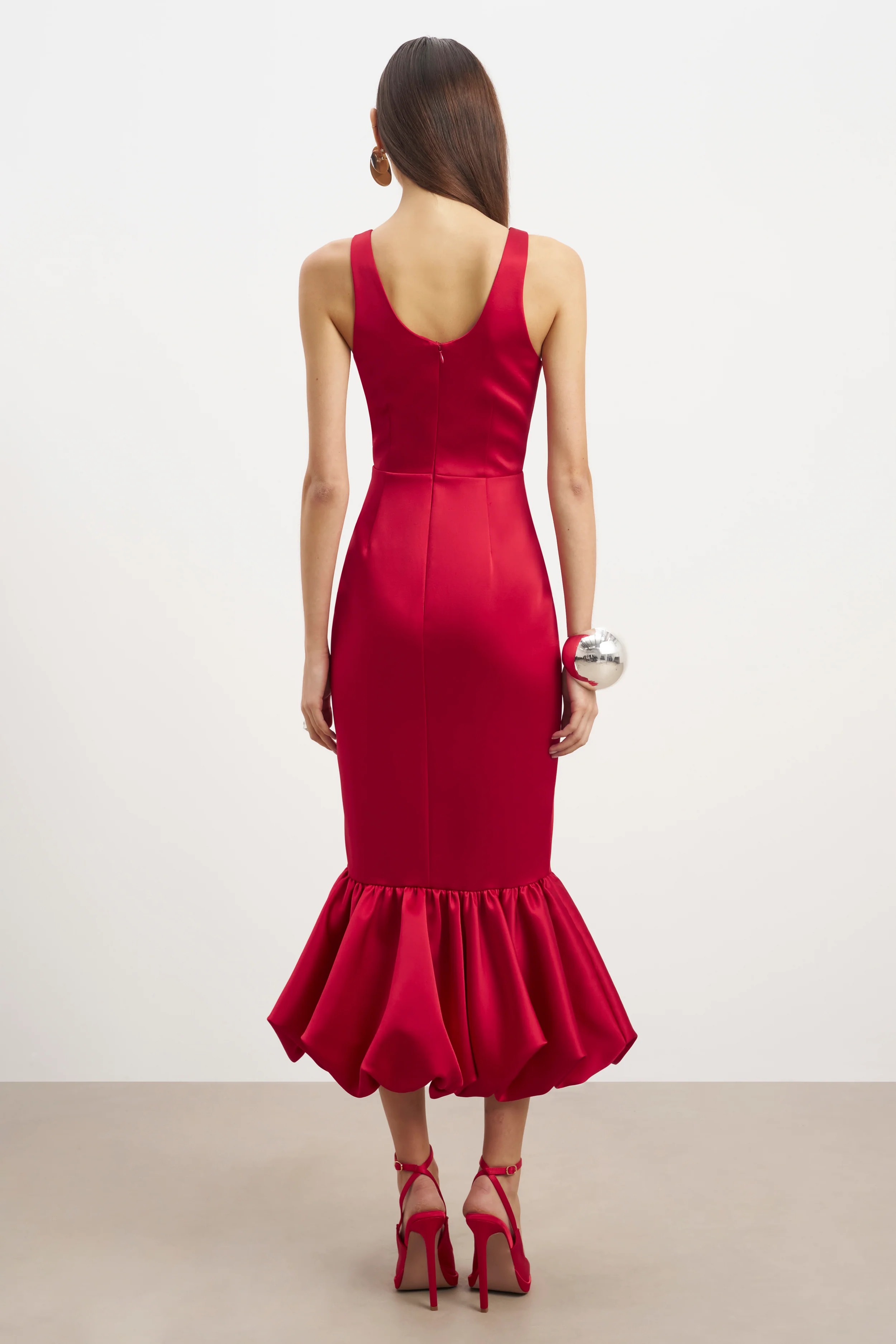 Satin Bubble Hem Midi Dress - Scarlet - Image 7