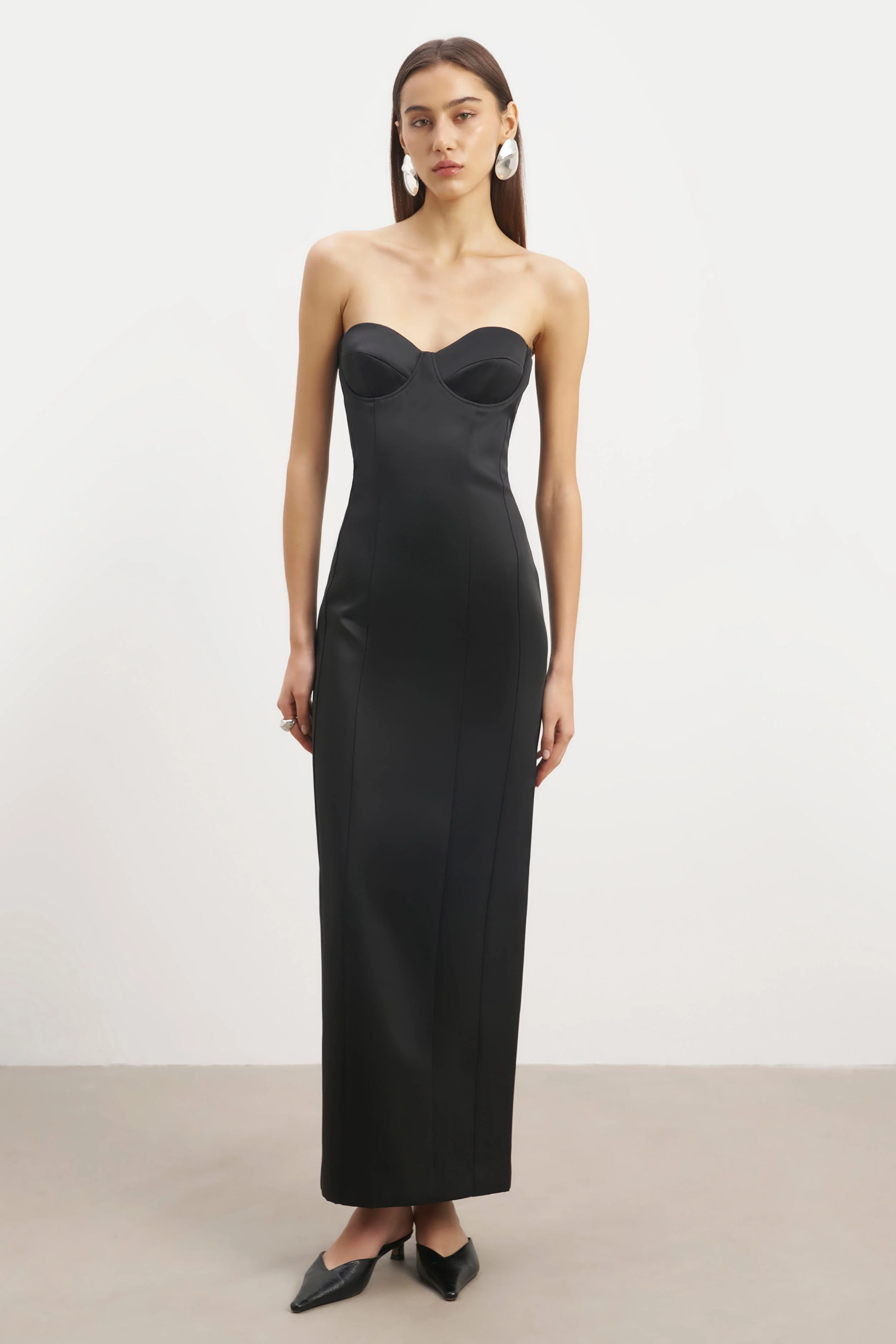 Satin Column Corset Maxi Dress - Black - Image 3