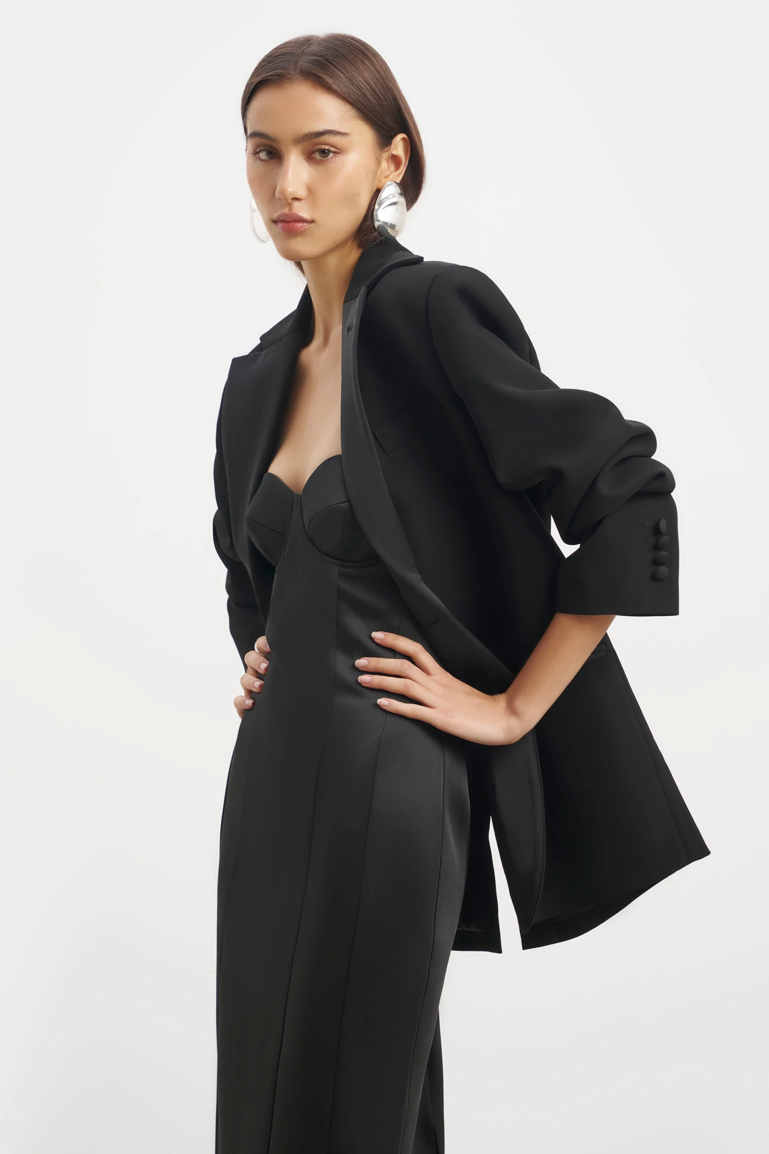 Satin Column Corset Maxi Dress - Black - Image 8