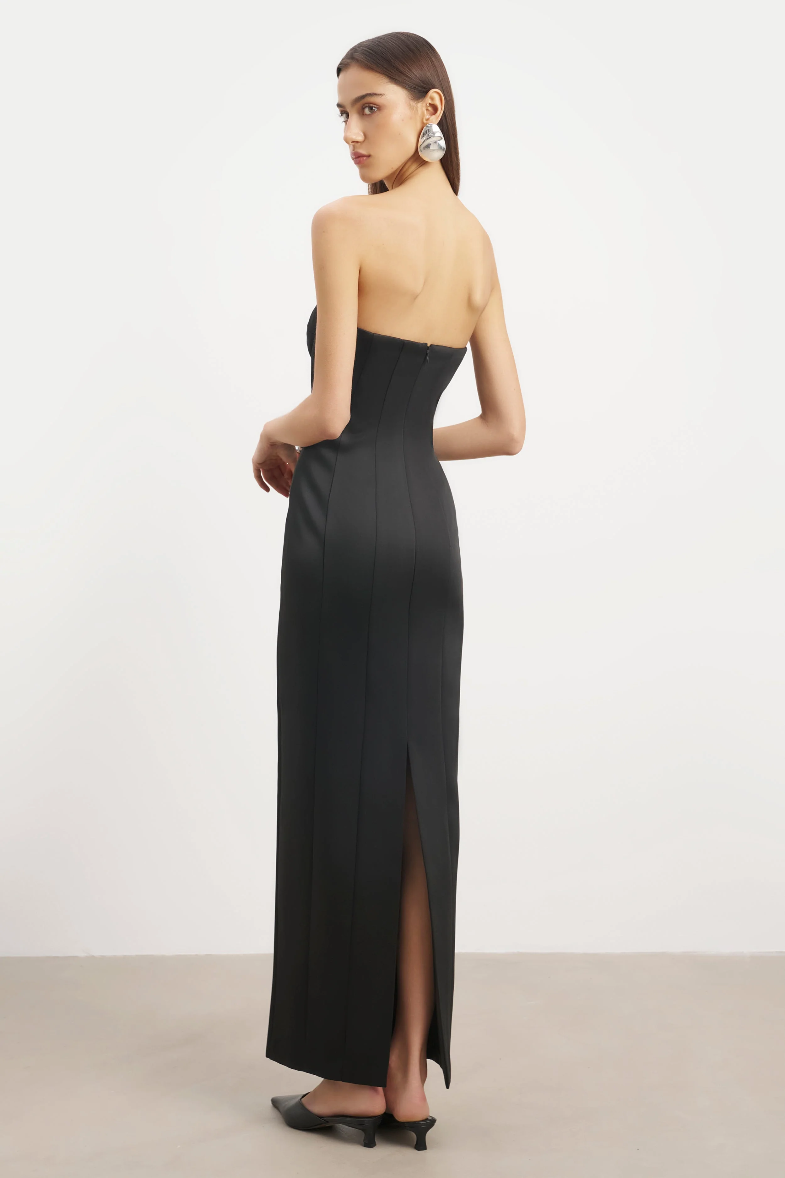 Satin Column Corset Maxi Dress - Black - Image 9