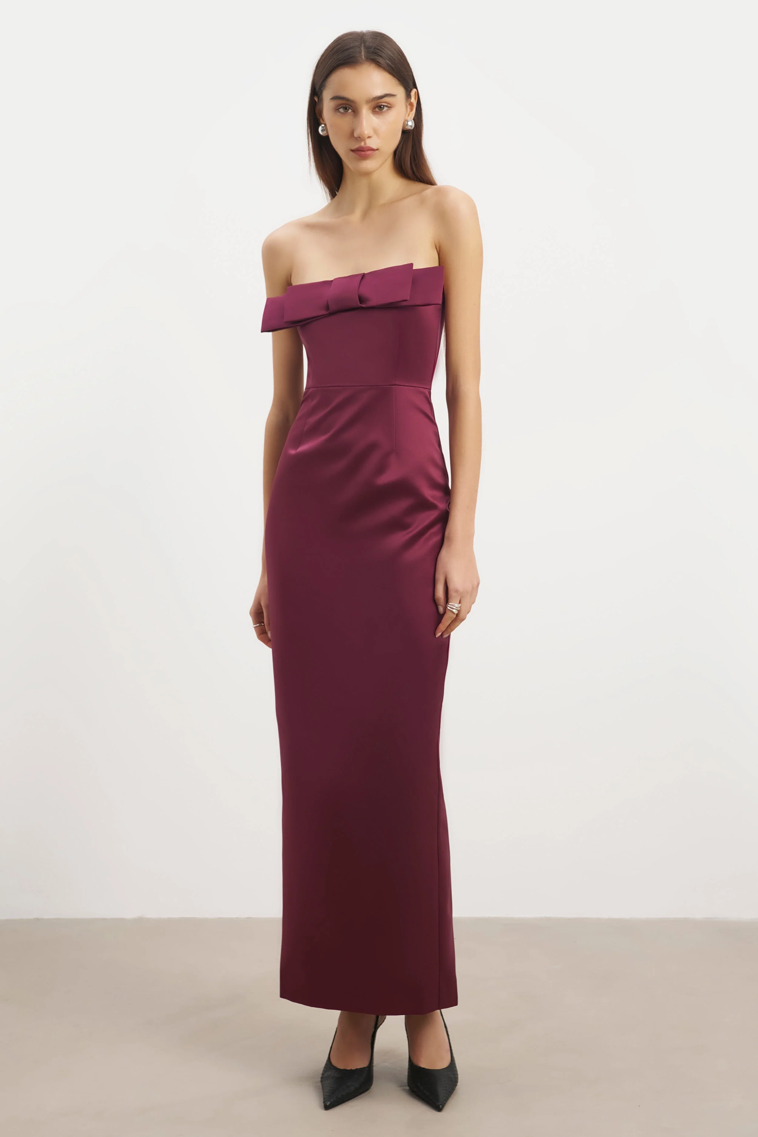 Satin Column Maxi Dress with Bow Detail - Mulberry - Image 3
