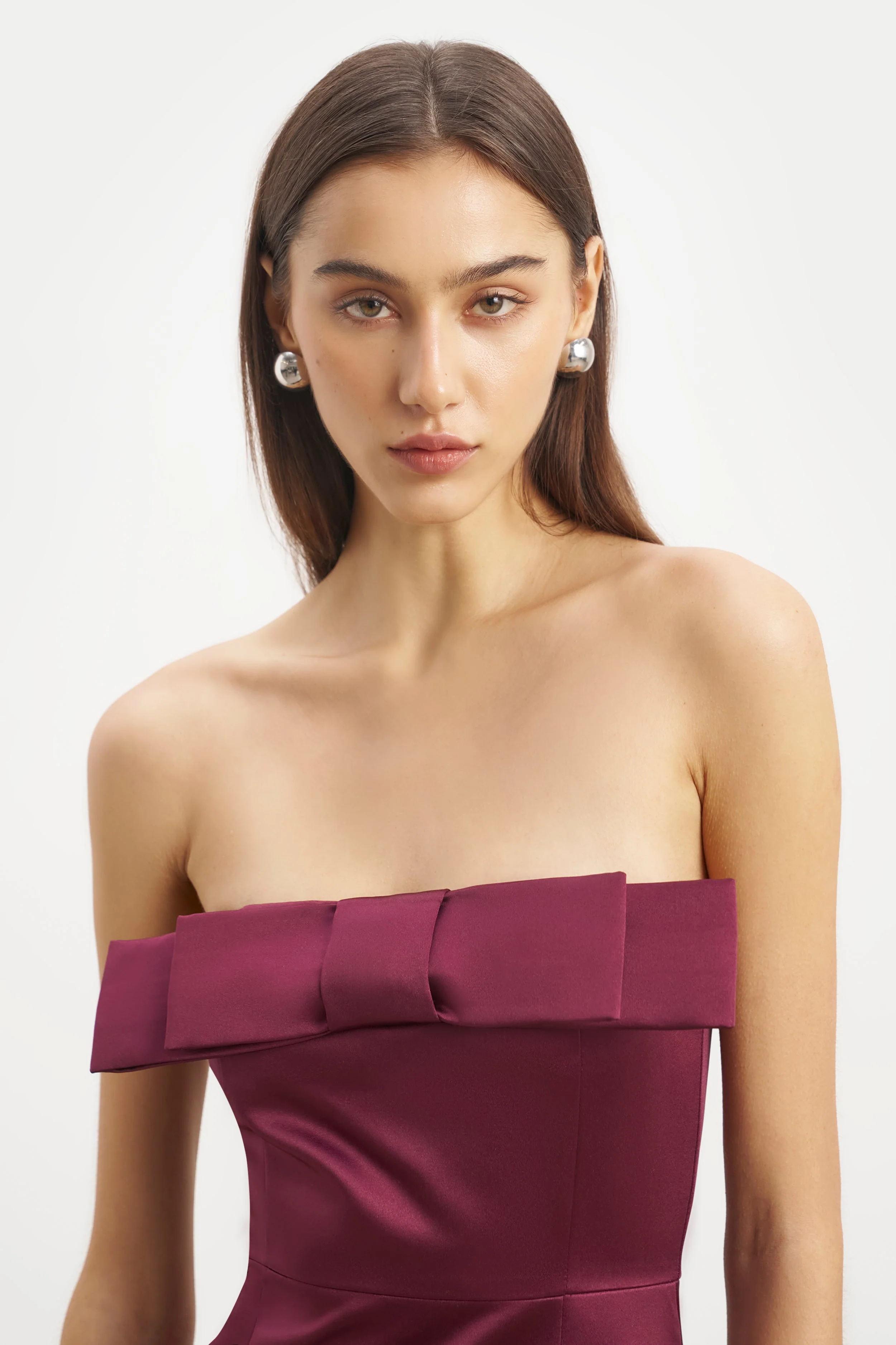 Satin Column Maxi Dress with Bow Detail - Mulberry - Image 7