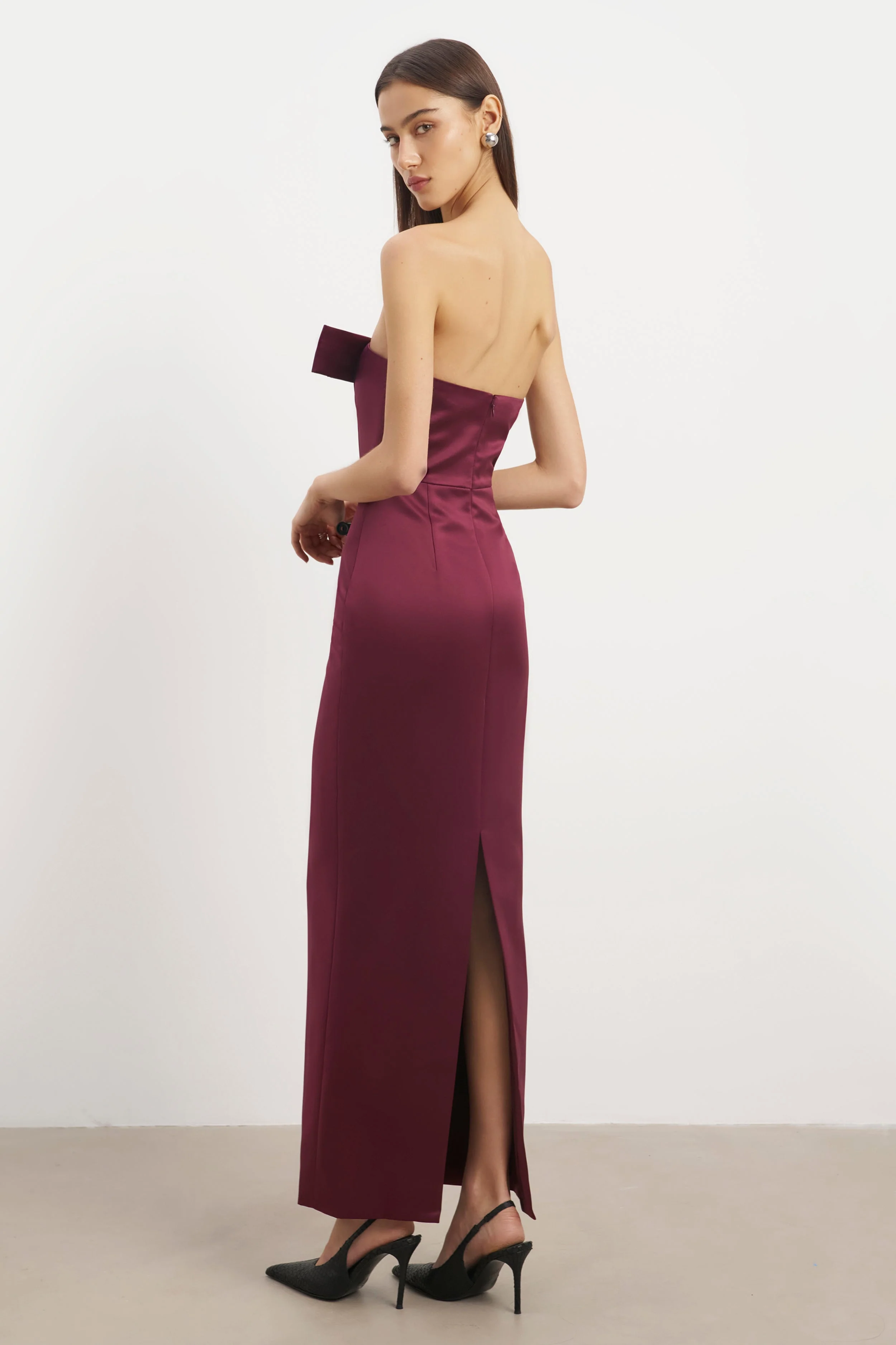 Satin Column Maxi Dress with Bow Detail - Mulberry - Image 8
