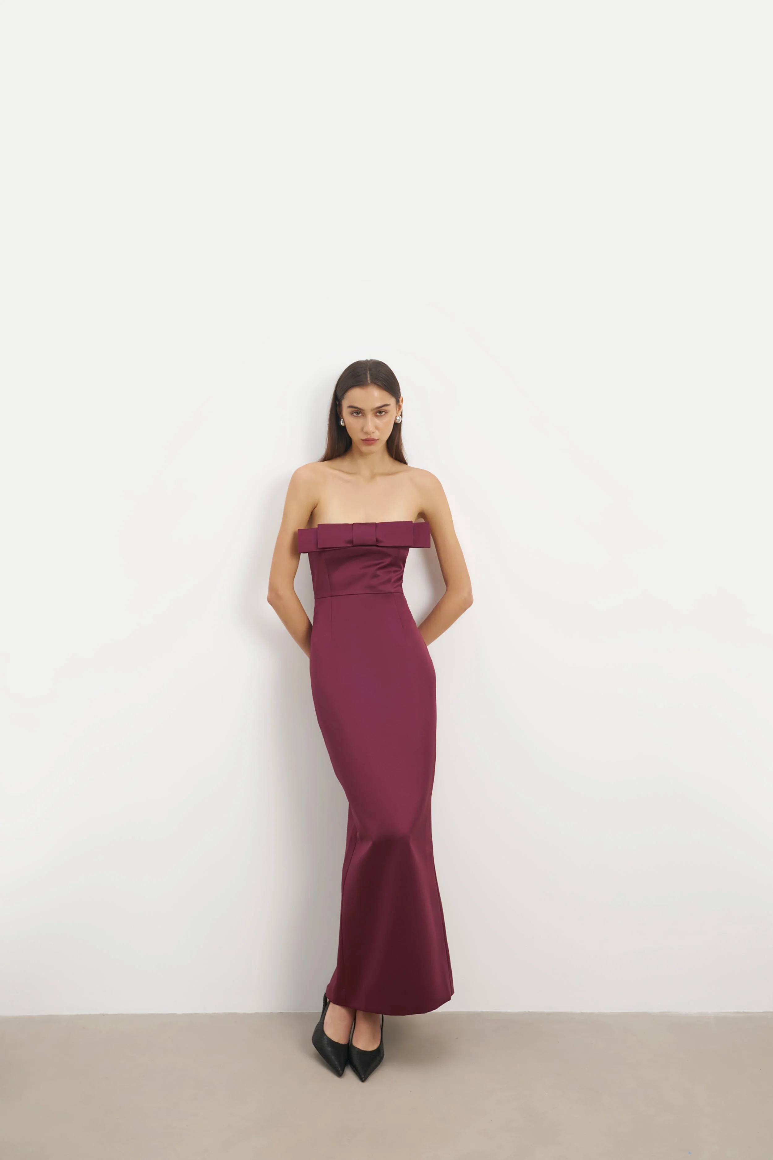 Satin Column Maxi Dress with Bow Detail - Mulberry - Image 9
