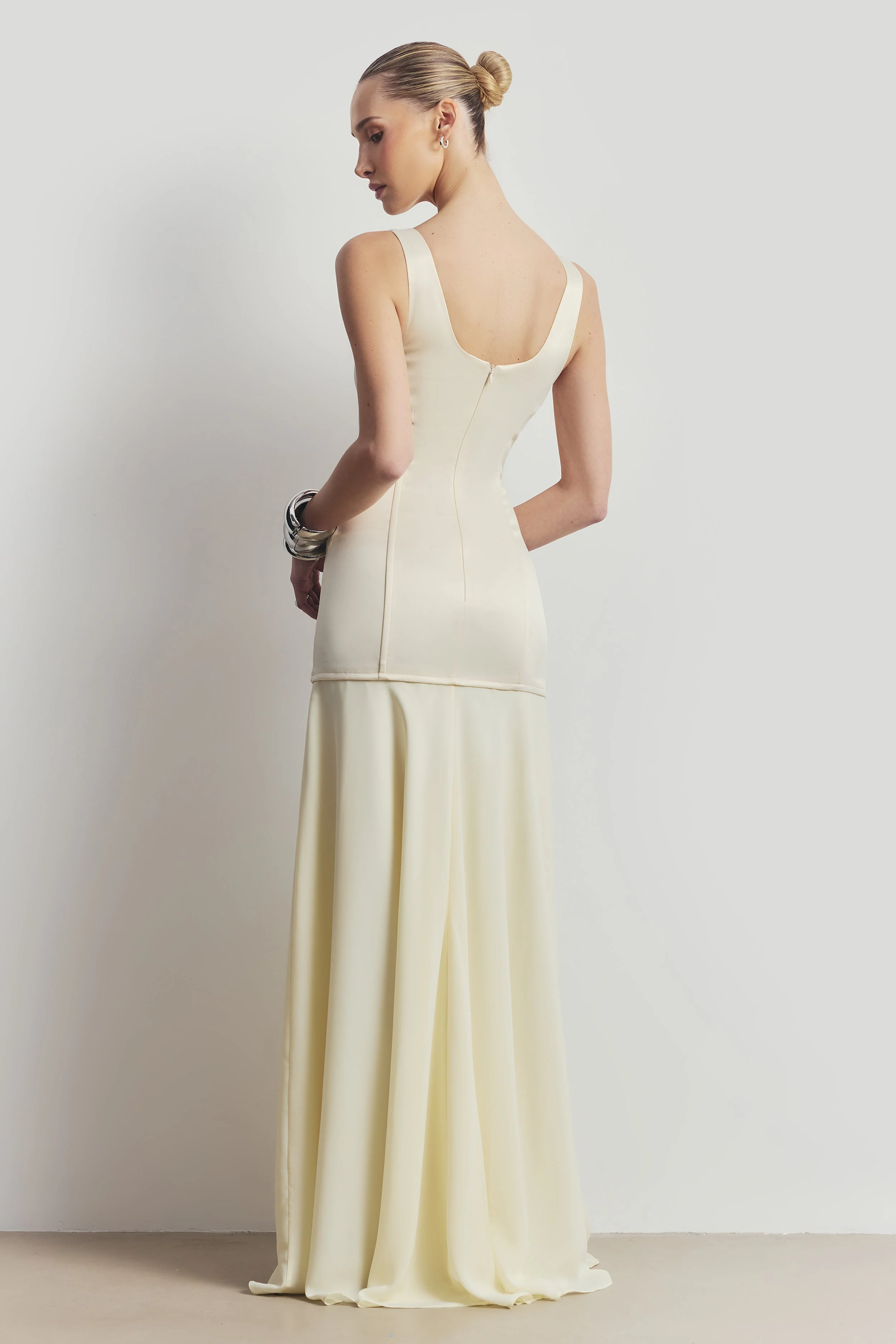 Satin Corset Gown with Chiffon Skirt - Buttermilk - Image 2
