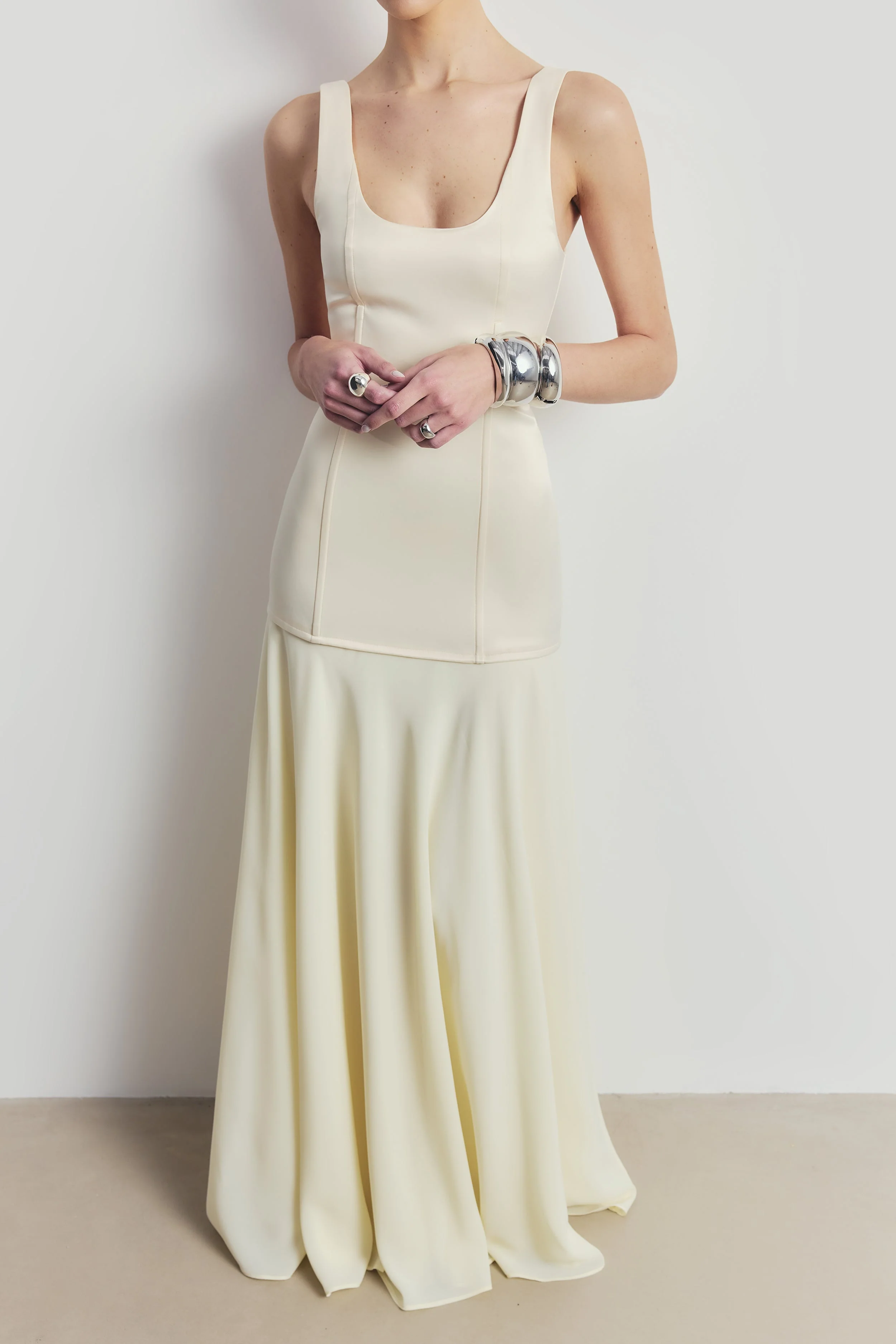 Satin Corset Gown with Chiffon Skirt - Buttermilk - Image 6