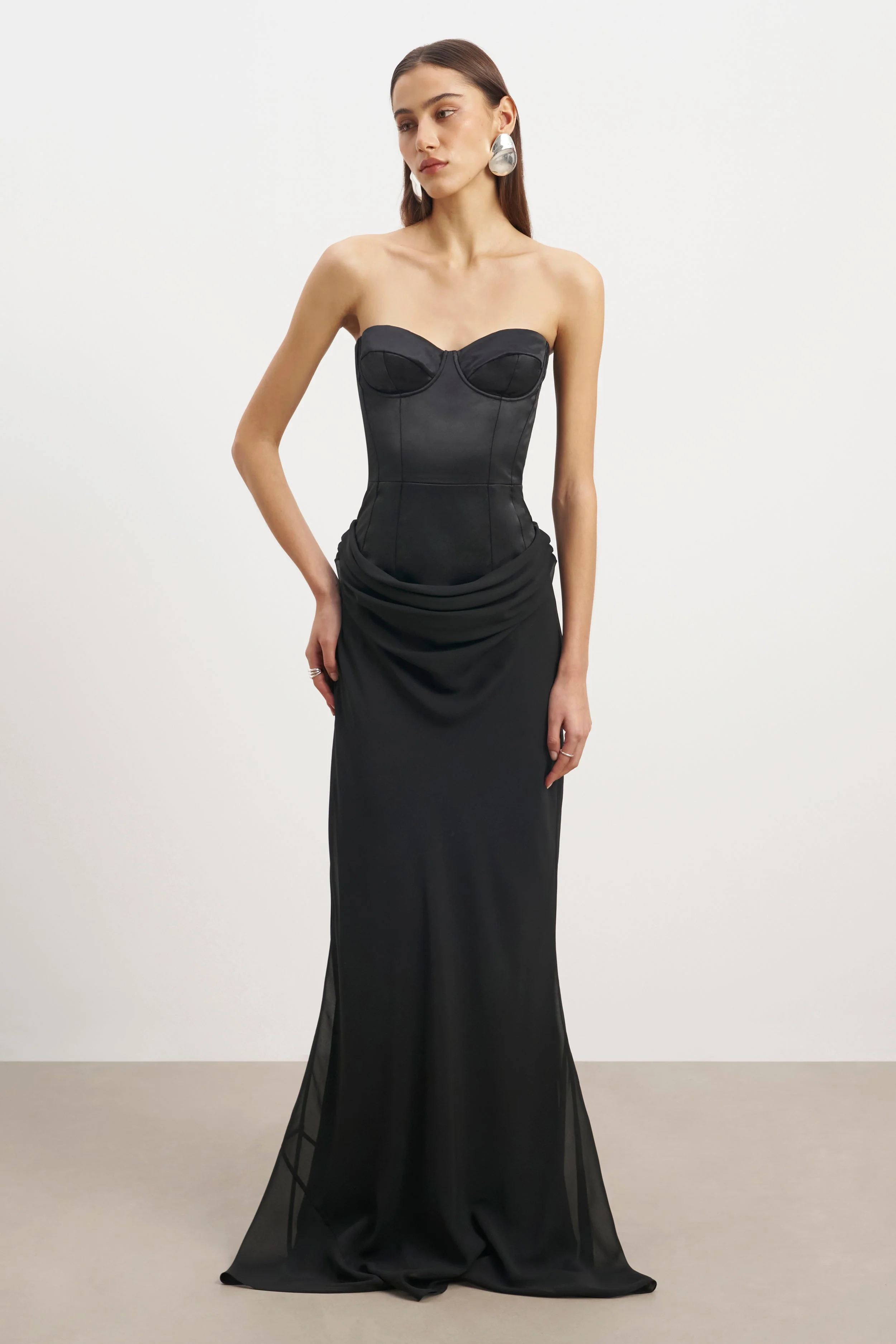 Satin Corset Gown with Draped Hip - Black - Image 4