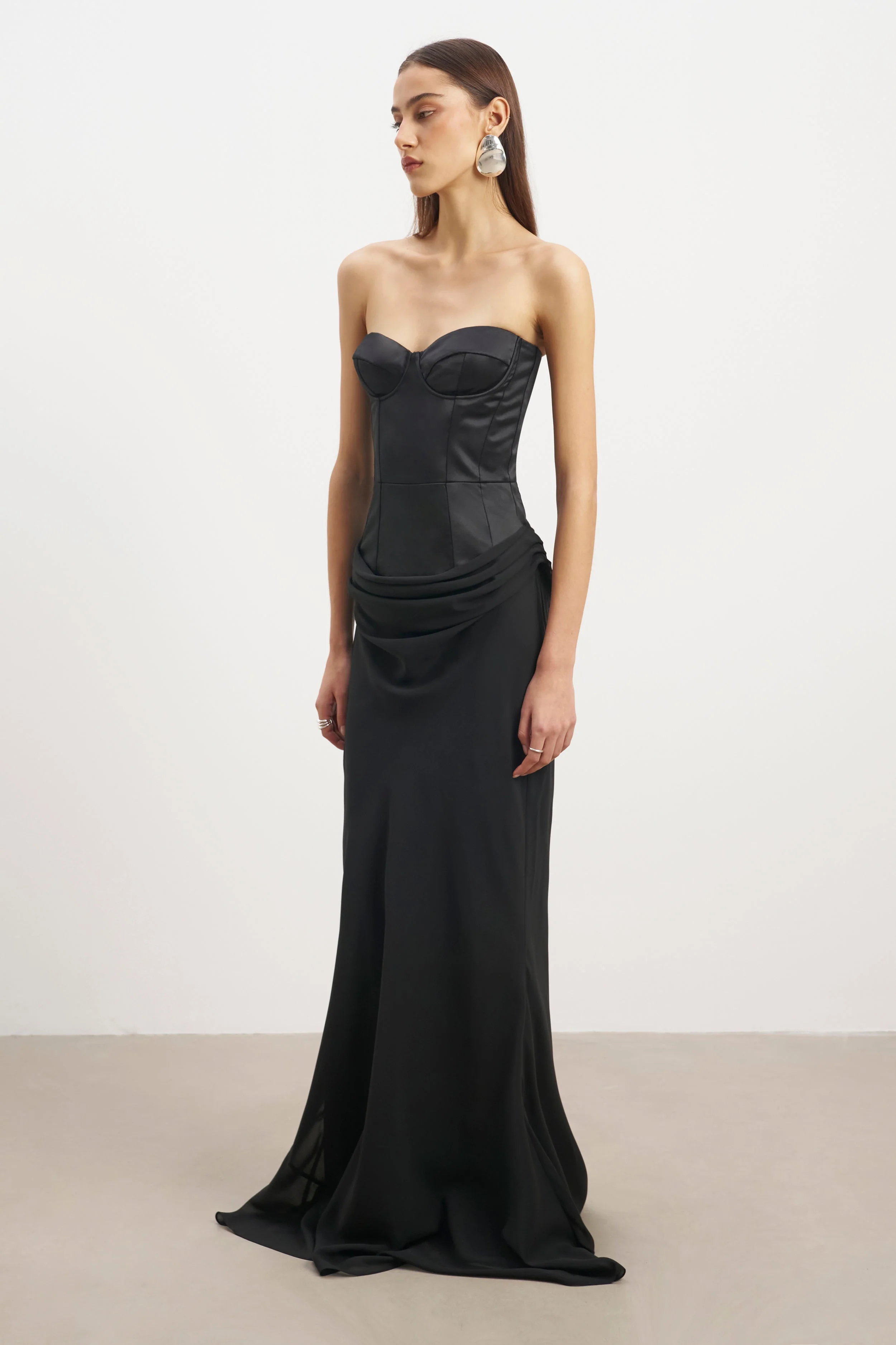 Satin Corset Gown with Draped Hip - Black - Image 6