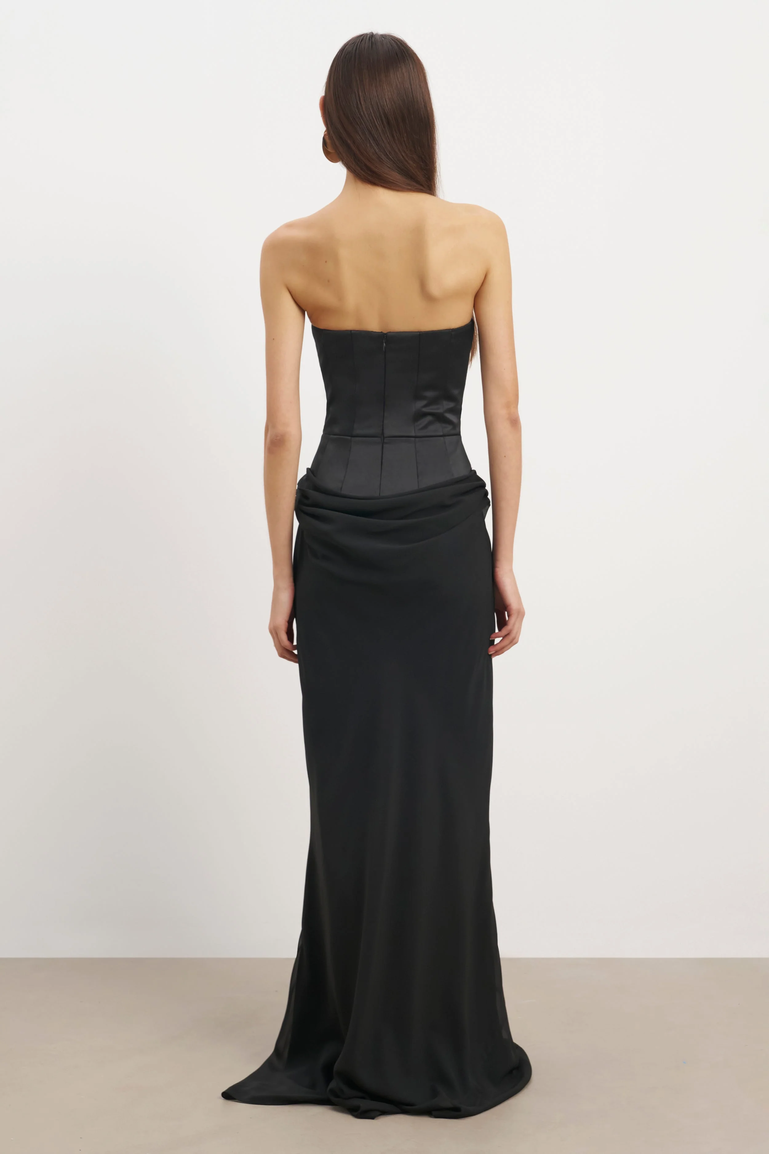 Satin Corset Gown with Draped Hip - Black - Image 9