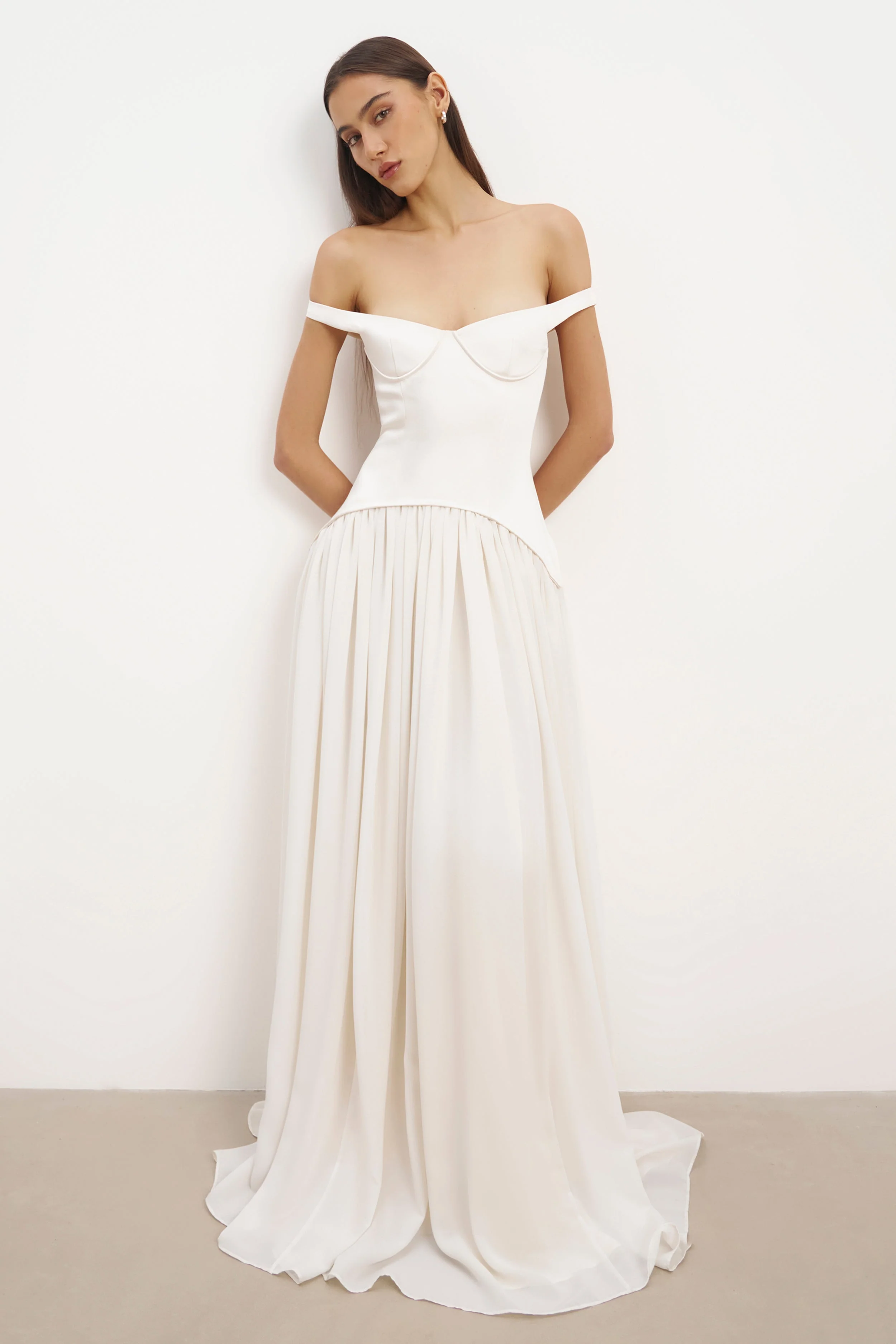 Satin Corset Off Shoulder Gown - Cream - Image 11