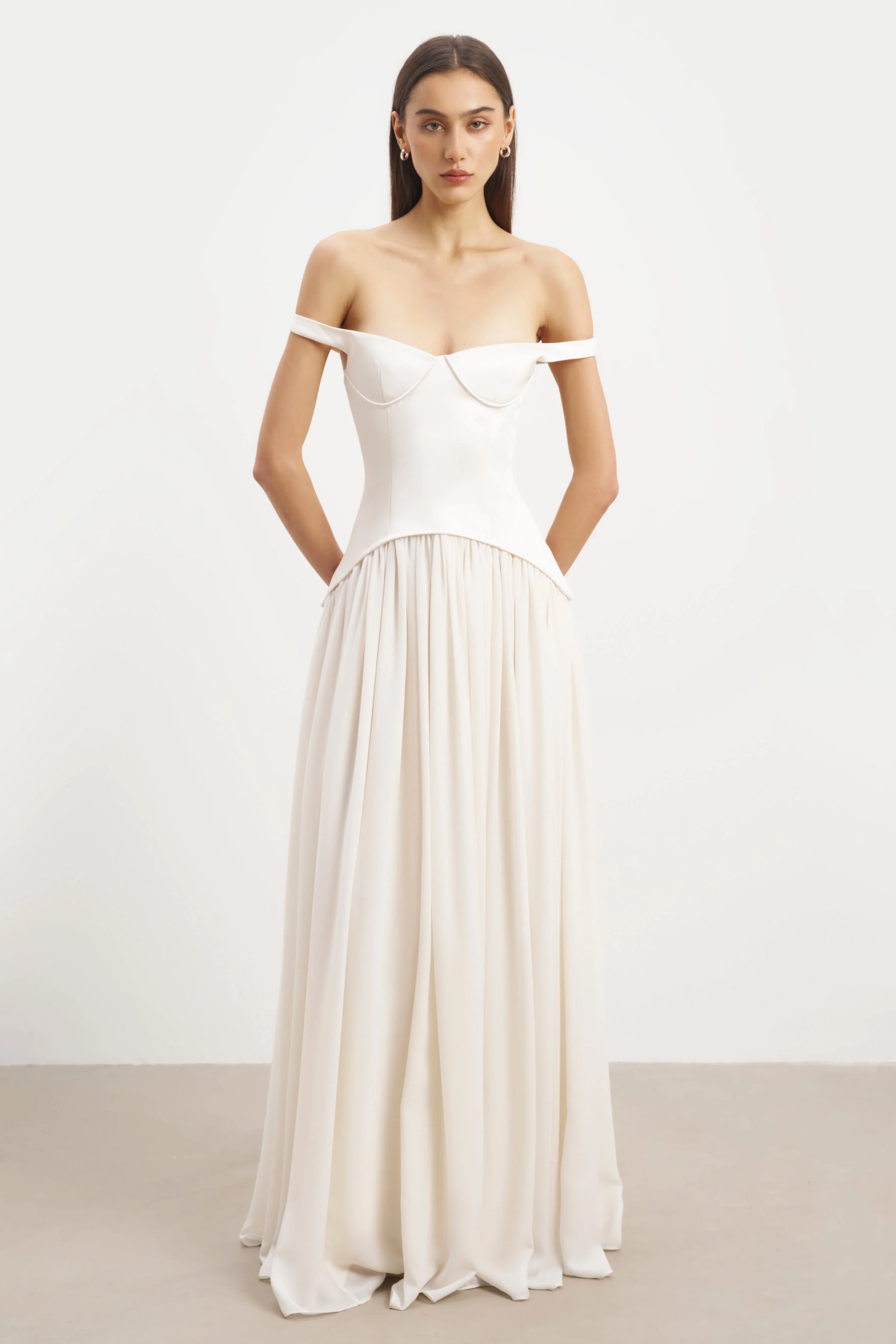 Satin Corset Off Shoulder Gown - Cream - Image 4